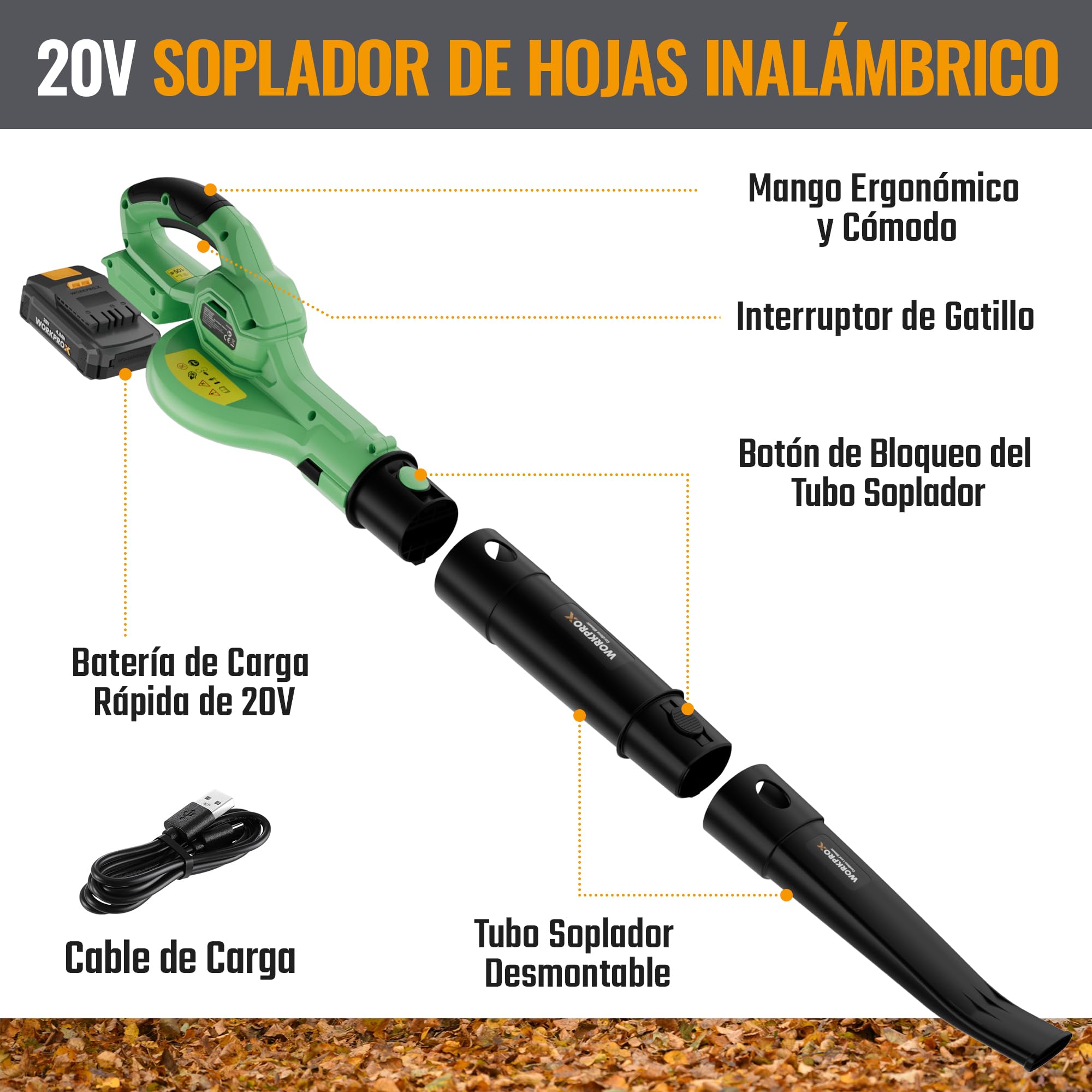 WORKPROX Soplador de Hojas, 20V Soplador de Hojas Bateria, con Flujo de Aire Potente 222KM/H, Capacidad 290 M³/H, Sopladora para Jardineria | con Flujo de Aire Potente 222KM/H, Capacidad 290 M³/H, Sopladora para Jardineria