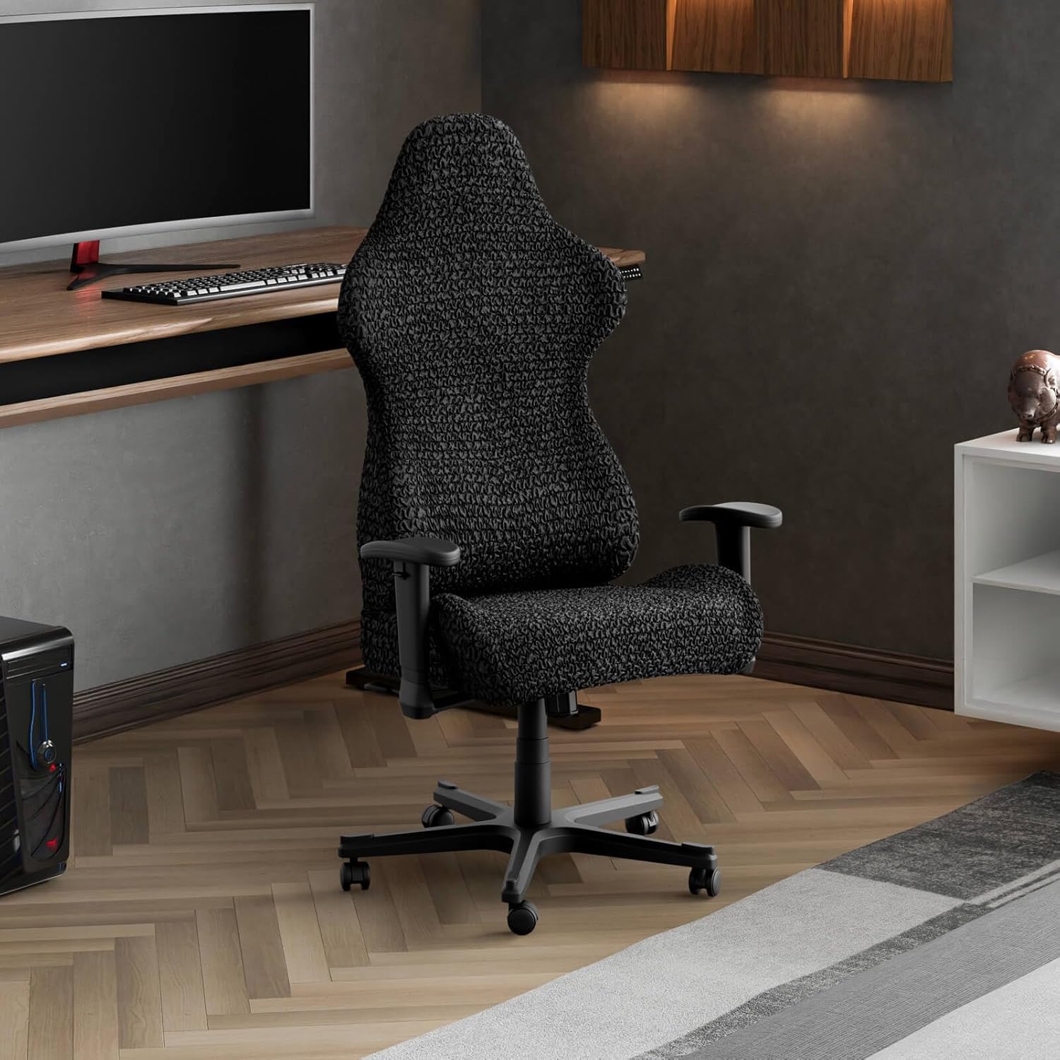 PAULATO BY GA.I.CO. Office & Gaming Chair Slipcover - Stretch Computer Desk Chair Cover with Zipper - Fabric Slipcovers - 1-Piece Form Fit Cover - Microfibra Collection - Black (Office Chair)