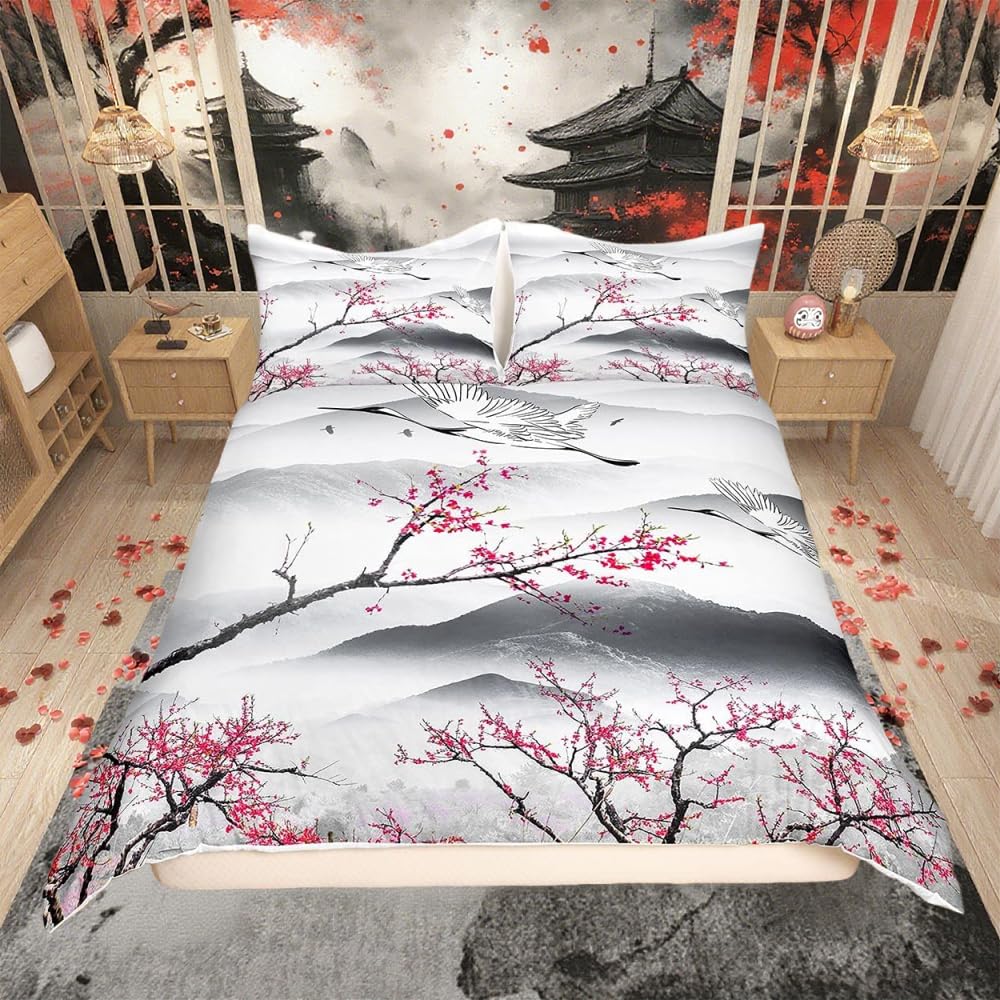 Housse de Couette Cerisier Grue Hokusai pour des Nuits Enfant Sereines