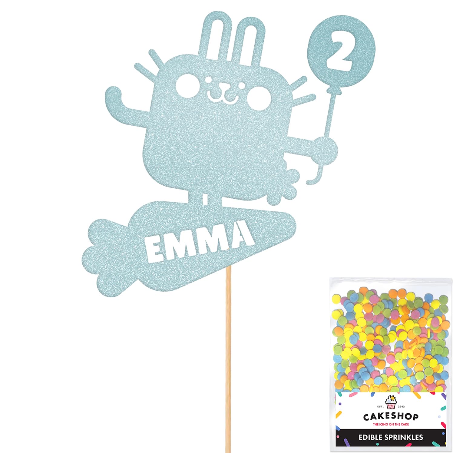 Personalised Pet Bunny Rabbit Glitter Cake Topper Lt Blue Any Custom Age & Name Glitter Cake Decoration and Sprinkles - Happy Birthday Decorations - Personalised Toppers for Cakes by Cakeshop — image 1