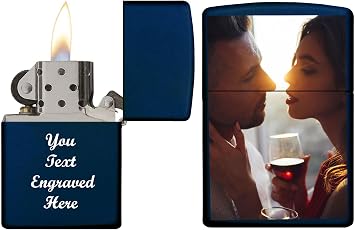 Custom Personalized Zippo Photo, Logo, Image and Engraving on The Back Windproof Lighter - Christmas, Halloween & Valentines Day Gift Navy Blue
