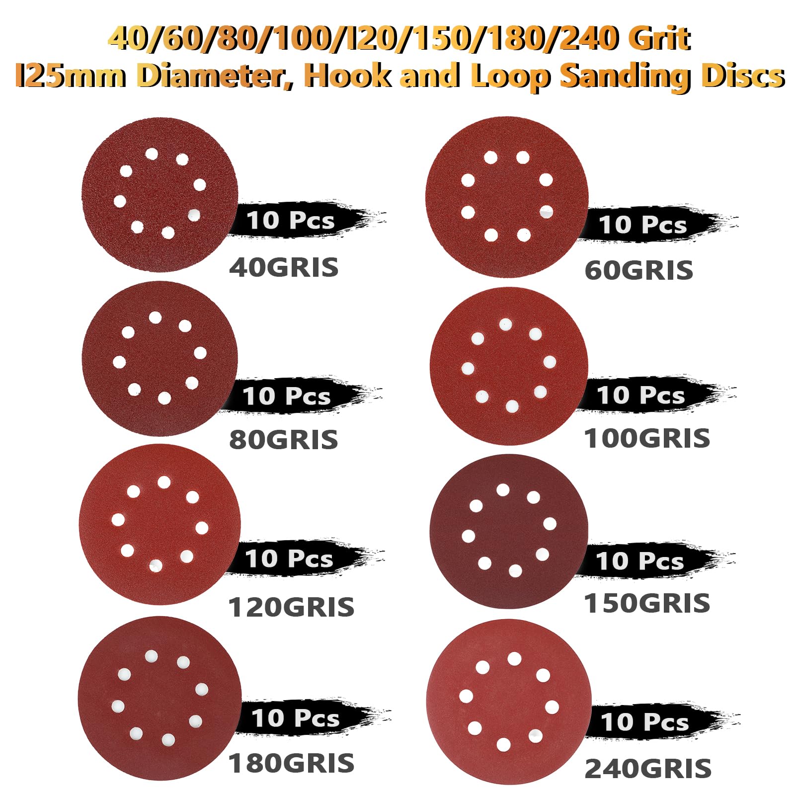 80 sztuk papieru ściernego o średnicy 125 mm z rzepem, 8 otworów, dostępne w różnych granulacjach, do szlifierki ekscentrycznej o średnicy 125 mm, 10x 40/60/80/100/120/150/180/240 ziarnistość