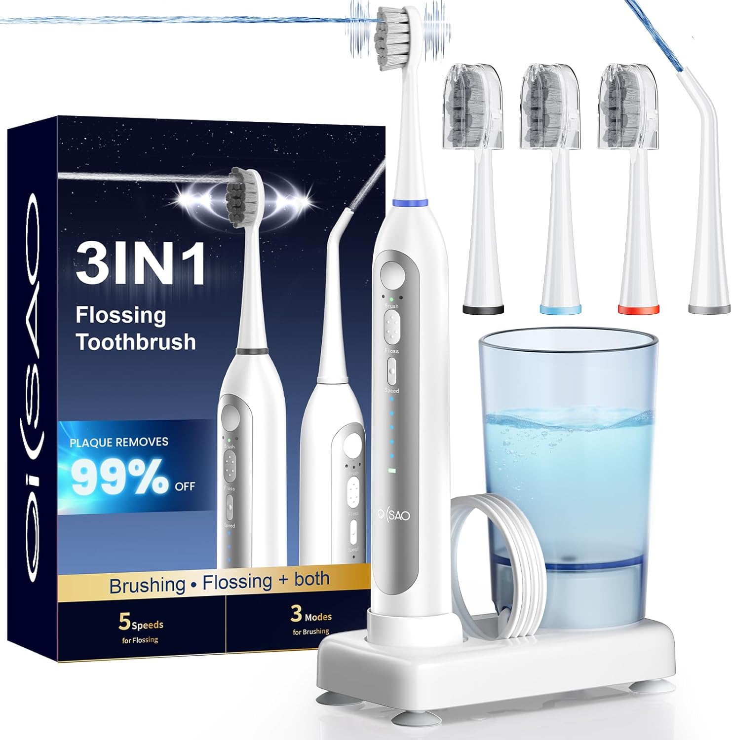 Electric Toothbrush with Water Flosser Combo,5 Flossing Speeds & 3 Brush Modes for Adults,Sonic 2.0 Professional Flossing Toothbrush for Teeth Cleaning,Portable for Travel,30-Day Battery, White