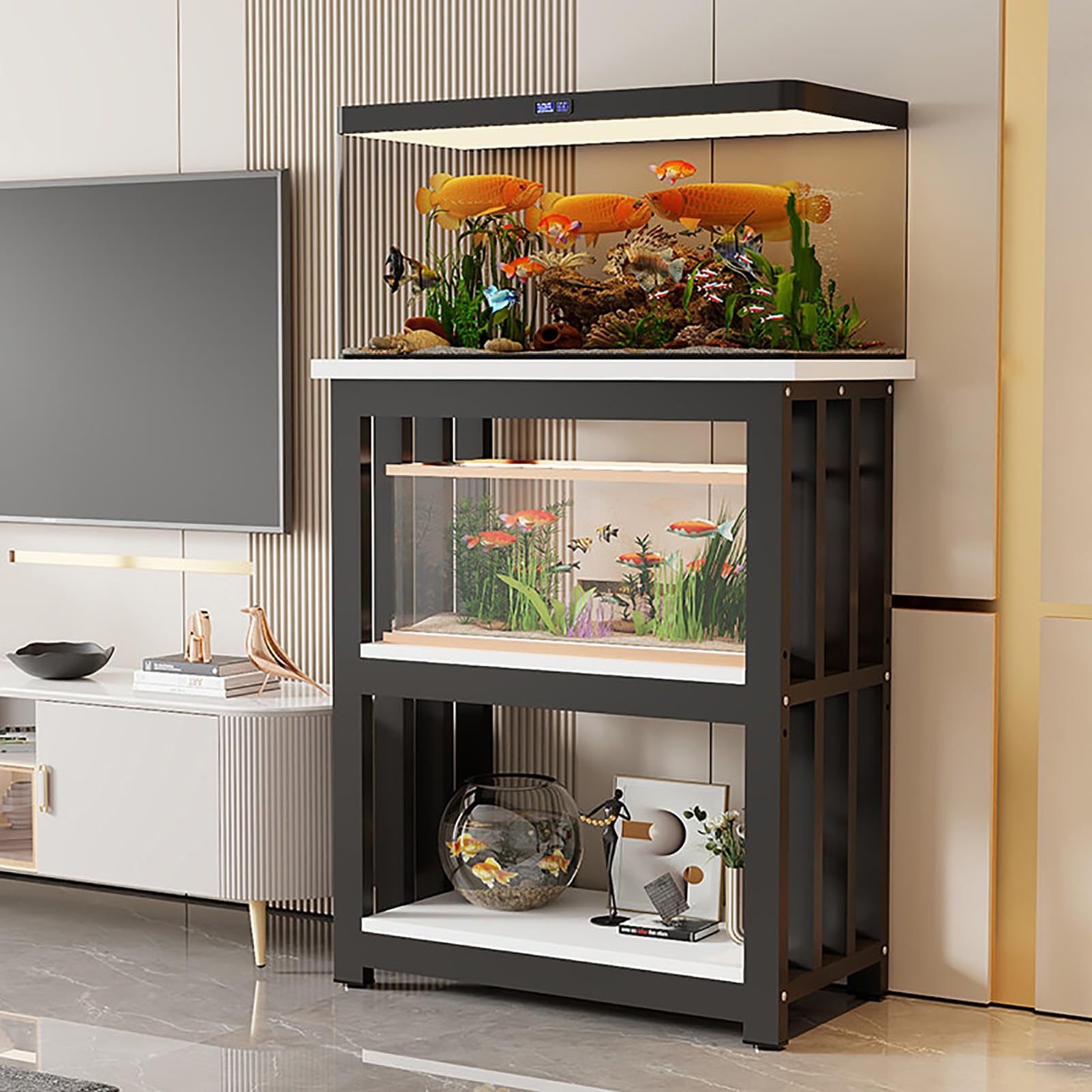 Support pour Aquarium avec Étagère de Rangement, Support À 3 Niveaux avec Plateaux Réglables, Support pour Réservoir de Reptiles Idéal pour Le Salon Ou Le Bureau(White+Black Frame,50x40x100cm)