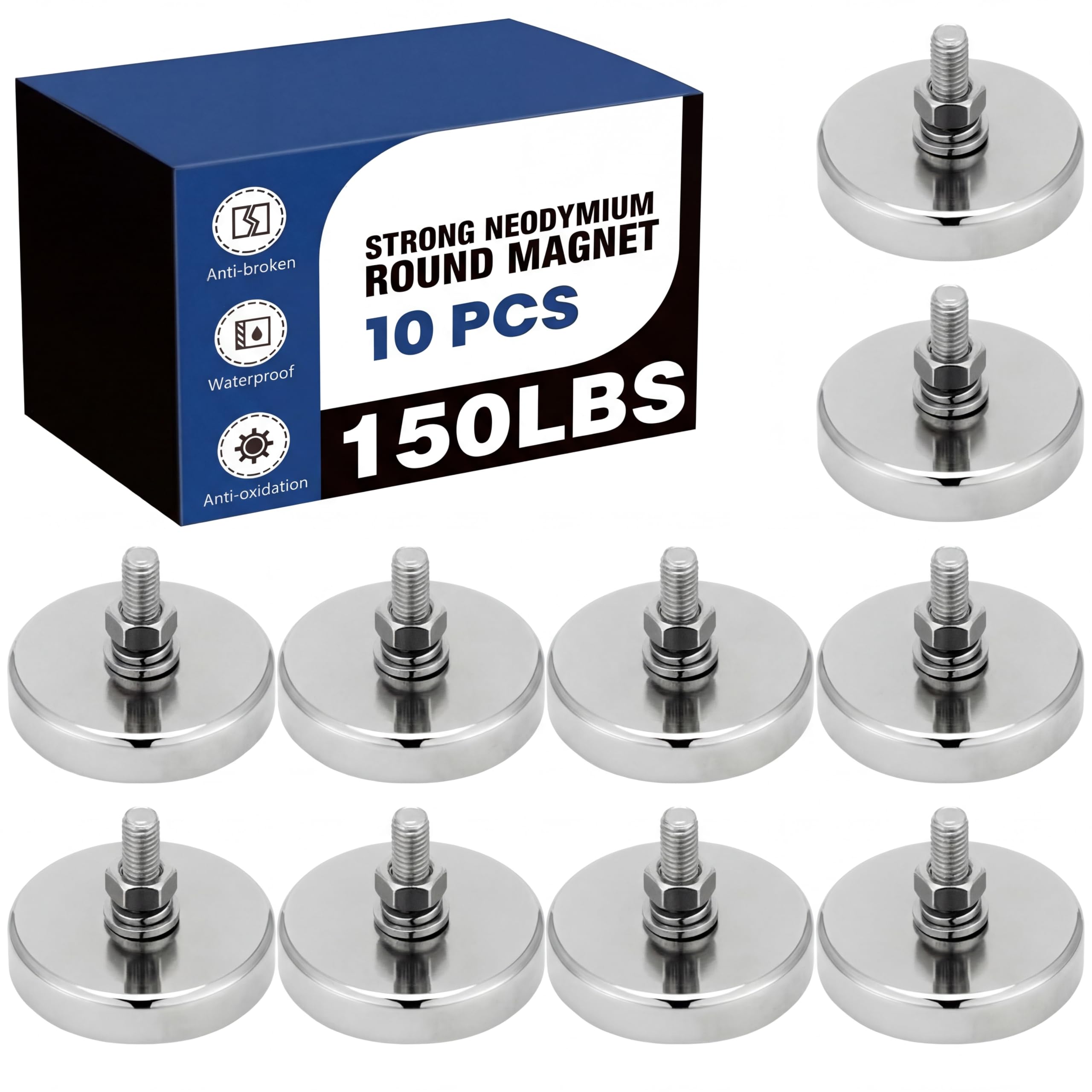 Therwen 10 Pack 150 lb Magnet with Threaded Stud, 1.42 In-90lb-m6, Silver — Amazon image 10