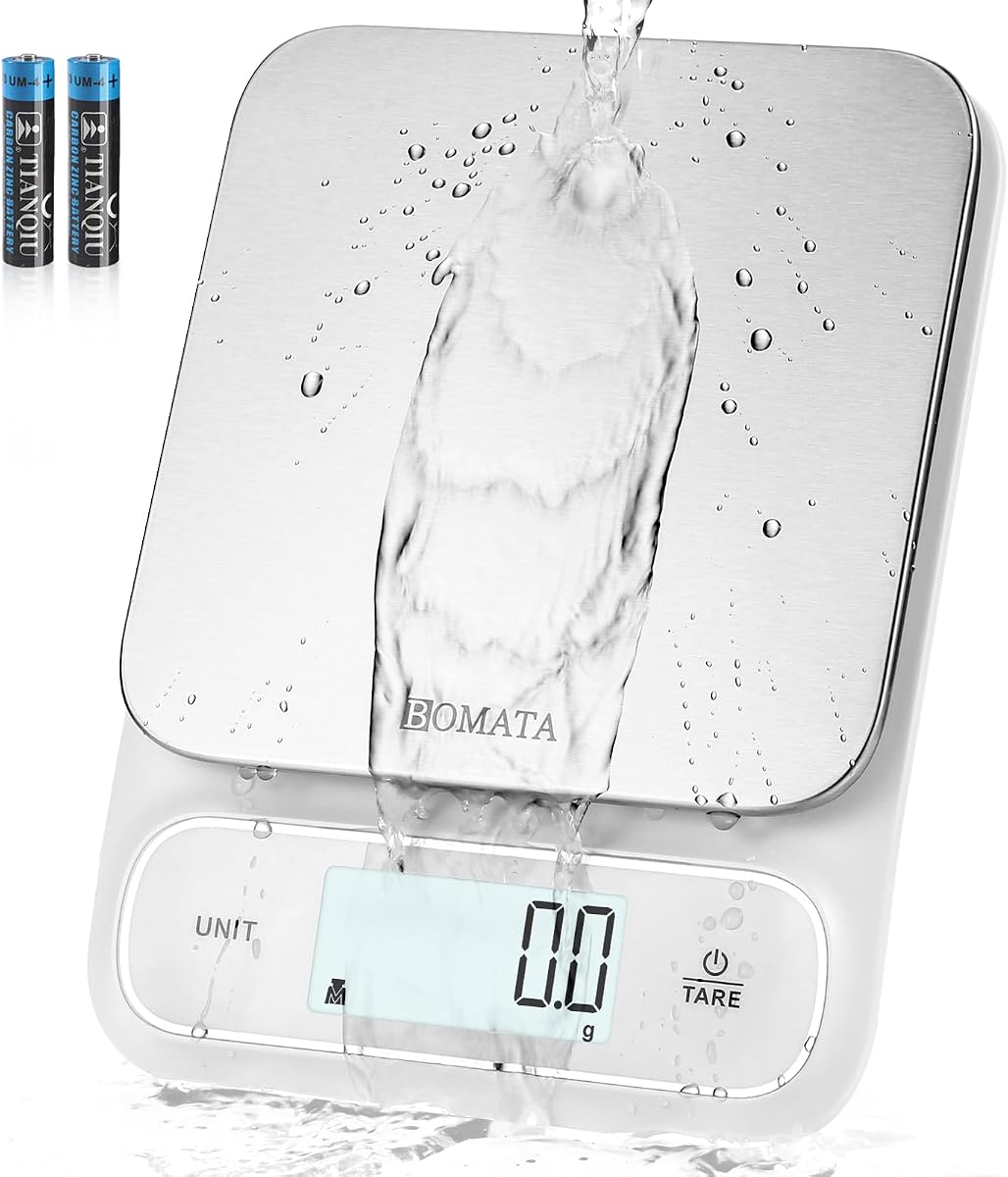 BOMATA Waterproof IPX6 Kitchen Scale with 0.1 g/0.01 oz High Precision | 5 kg/11 lbs, Digital Scale with Backlight, Stainless Steel Weighing Platform, for Food, Cooking,Baking,Weight Loss B619 White