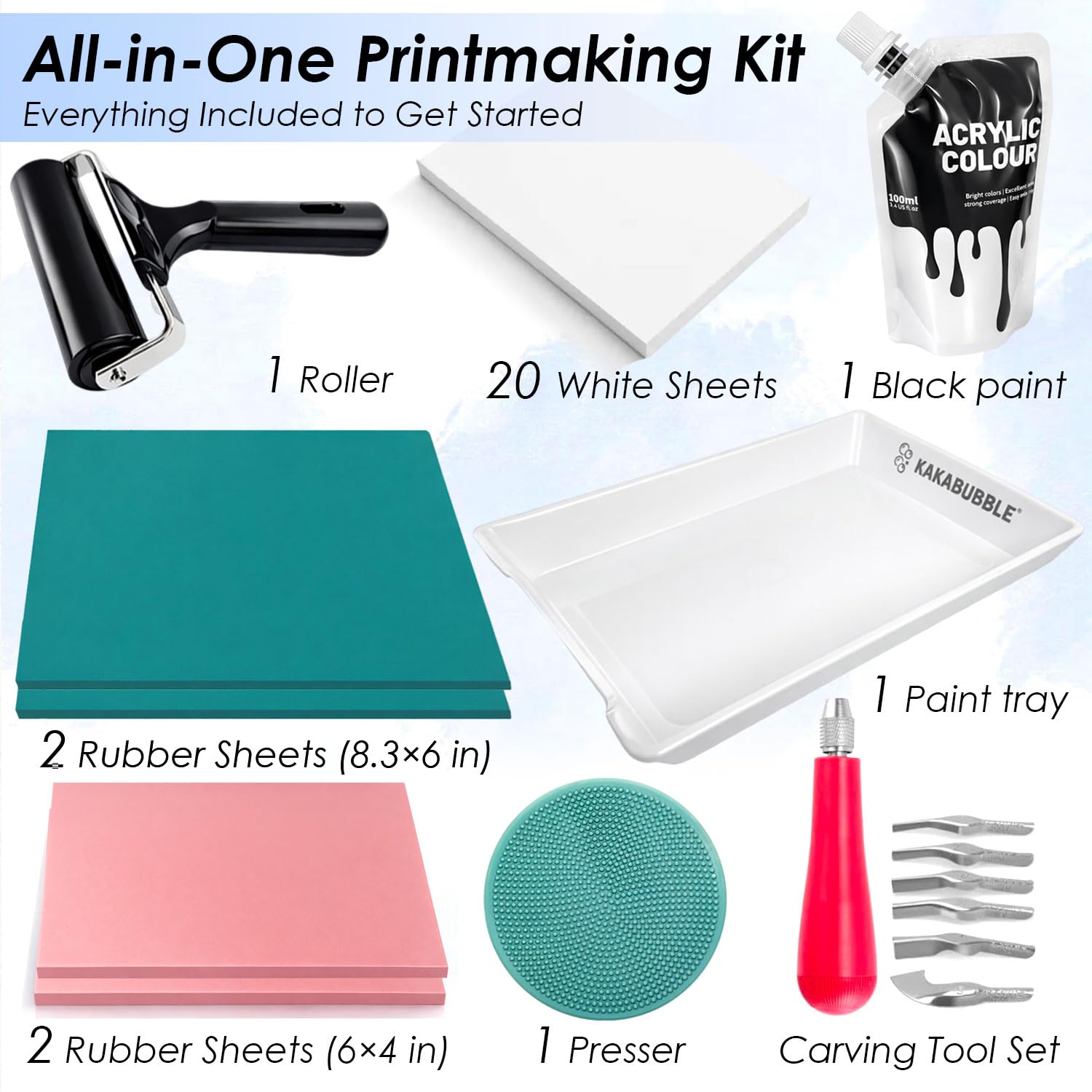 KAKABUBBLE Kit di stampa Linocut e Block per principianti, con strumenti per intagliare, blocchi di linoleum, Brayer, inchiostro a base d'acqua e carta da trasferimento, artigianato fai da te