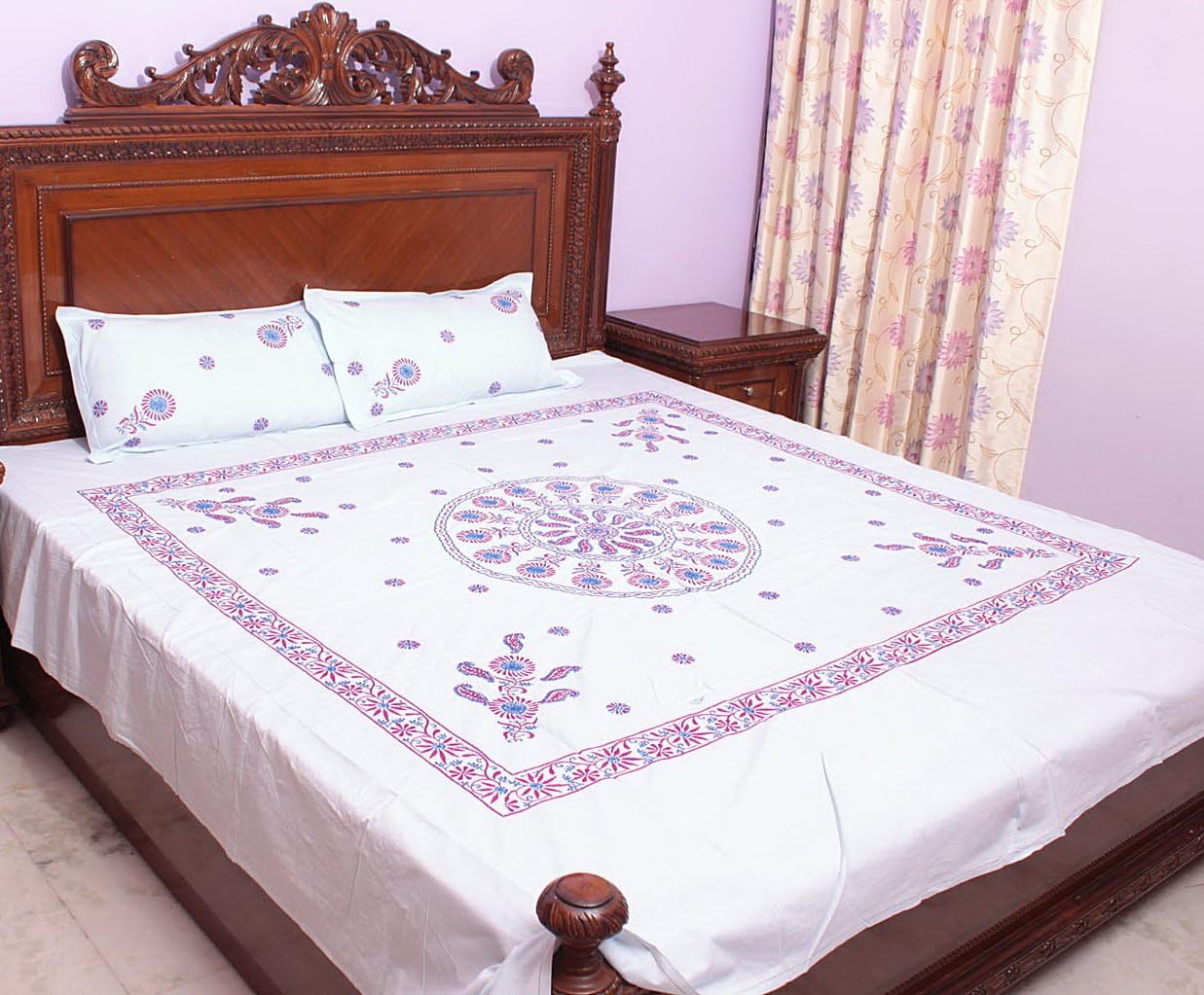 Powder-Blue Chikan Hand-Embroidered Pale-Yellow Bedspread from Lucknow - Pure Cotton