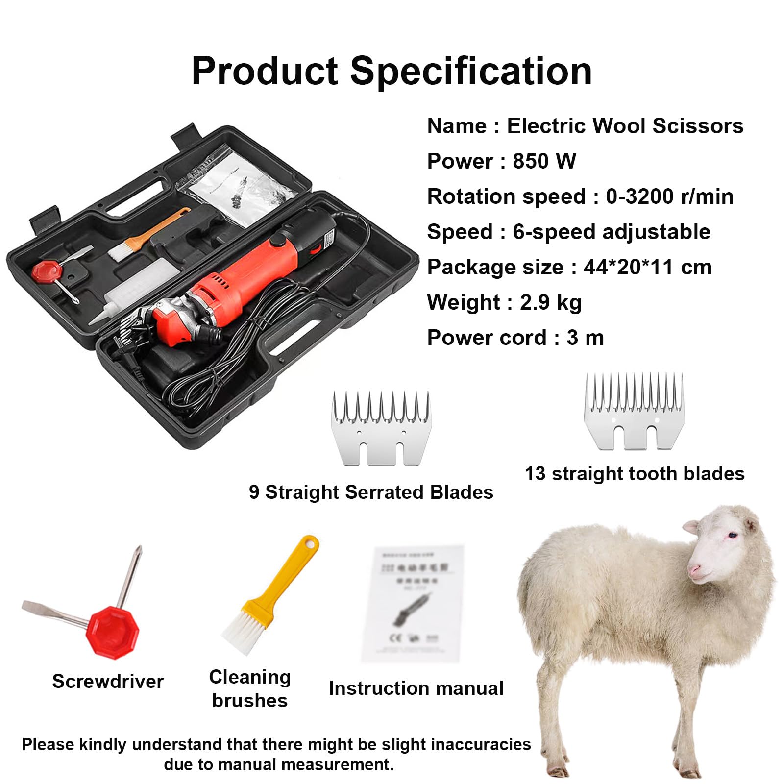 Tosatrice Elettrica per Animali da 850W - Kit Professionale per Tosatura E Toelettatura delle Pecore,6 velocità E 3200 Giri/Min,per Agricoltori E Allevatori,con Lame A 9 E 13 Denti Red