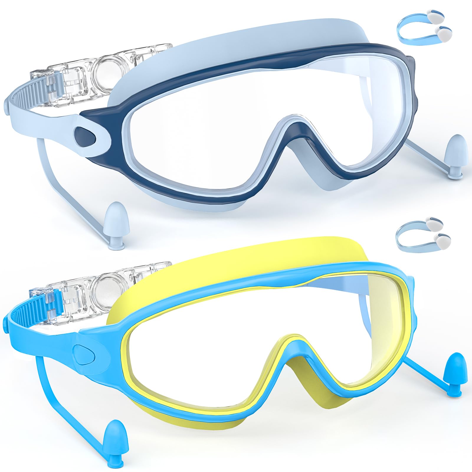 SHINER Lot de 2 Lunettes de Natation Enfants, Grand Champ de Vision HD 180°, Anti-Buée & Protection UV, Silicone Doux Réglable,avec Bouchons d’Oreilles & Pinces-Nez