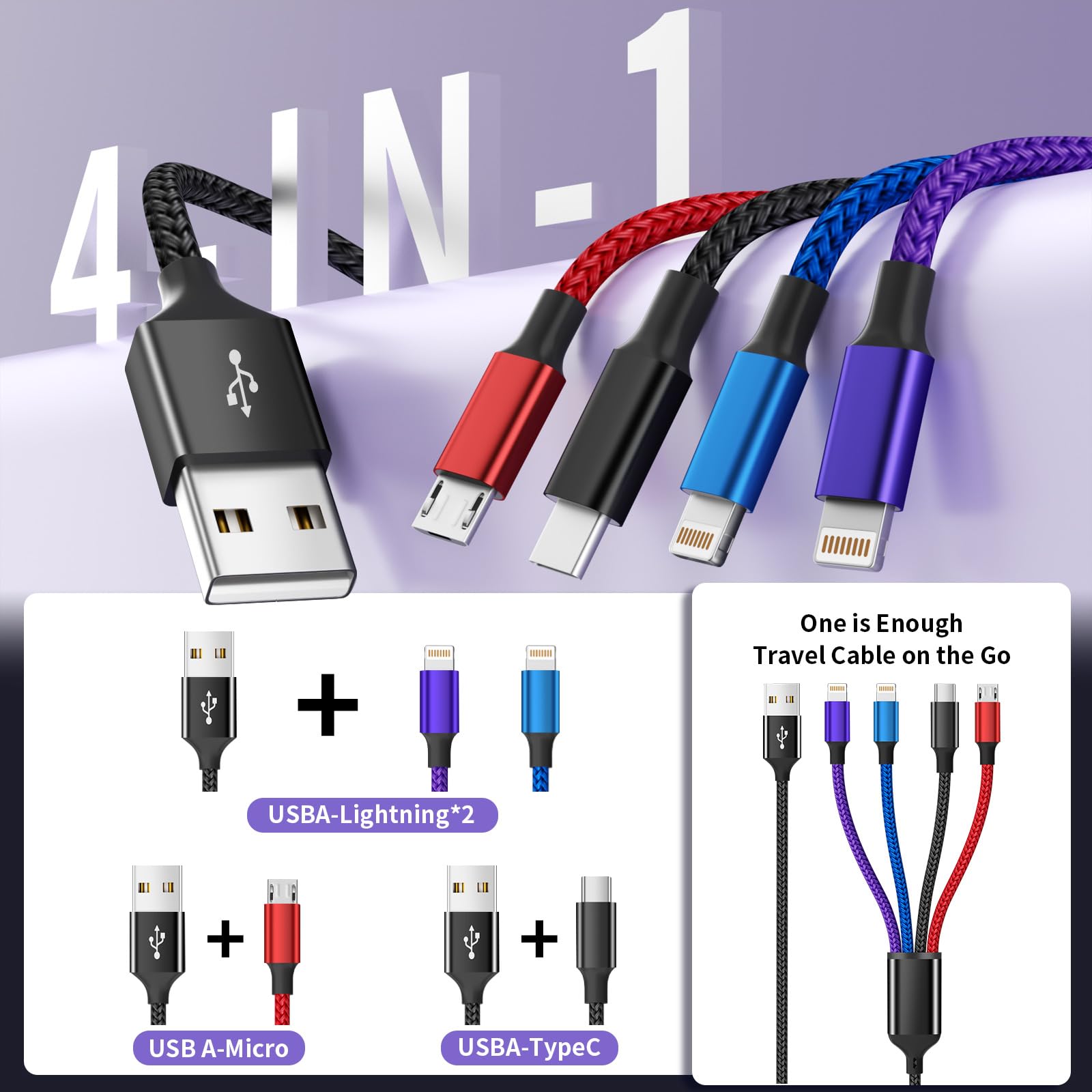 Doppio cavo di ricarica IP 4 in 1 multi [1 confezione da 1,5 m), cavo di ricarica 4 in 1 in nylon, caricabatterie multi per tutti i dispositivi con porta IP/tipo C/tipo C/micro, compatibile con la