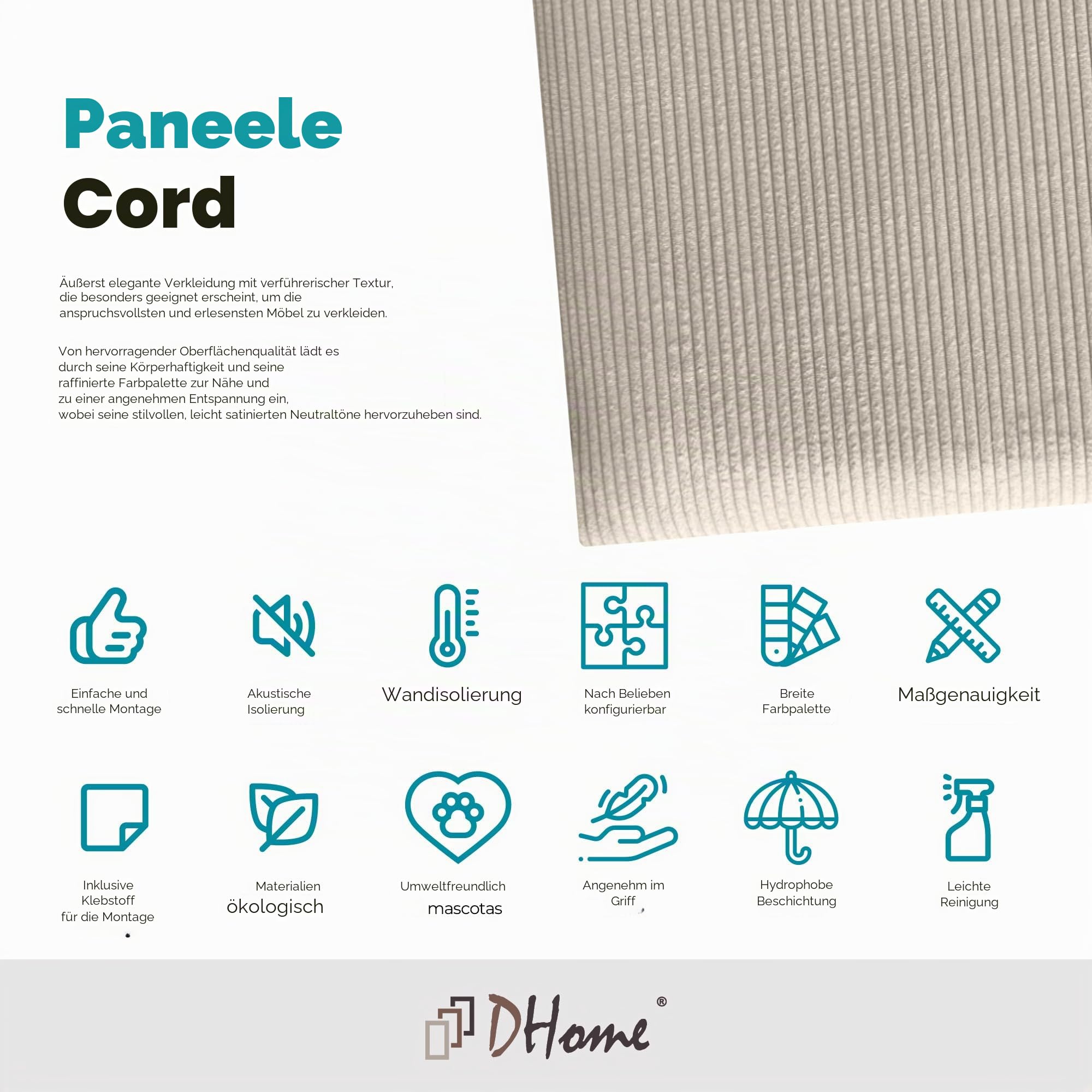 DHOME Gepolsterte Premium Cord Paneele Selbstklebend für Wände Schallabsorbierend Stoßfest Ideal für Kopfteile Dekoration Zuhause und Schlafzimmer (Beige, 60x50cm)