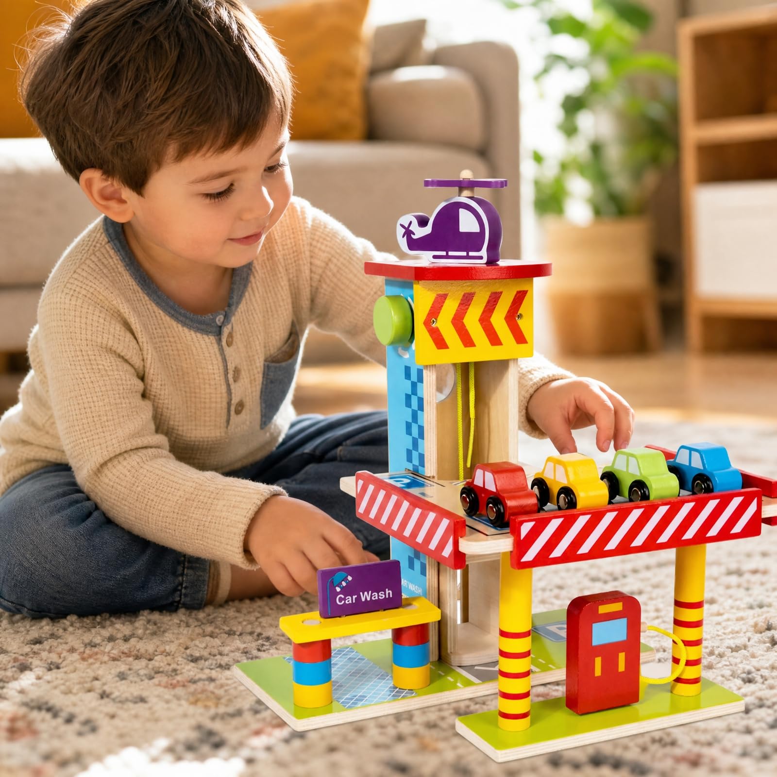 Centro Estacionamiento Infantil Manual Parquearo Juguete con Coches y Vehículo Aéreo Estable para Sala Juegos