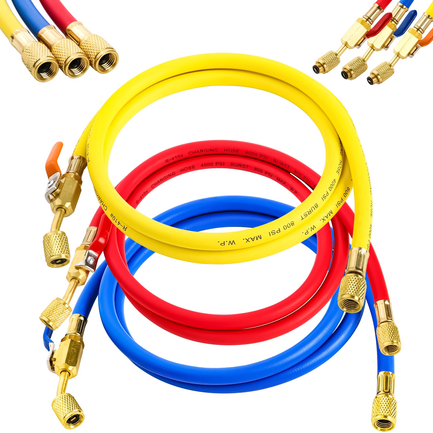 2025 Upgrade 29985 Plus II 1/4" HVAC Hose with Ball Valve，Standard 1/4" Flare Fittings，for R410A & All Refrigerants，800 PSI ，60"，Multicolor Pack (3-Pack)