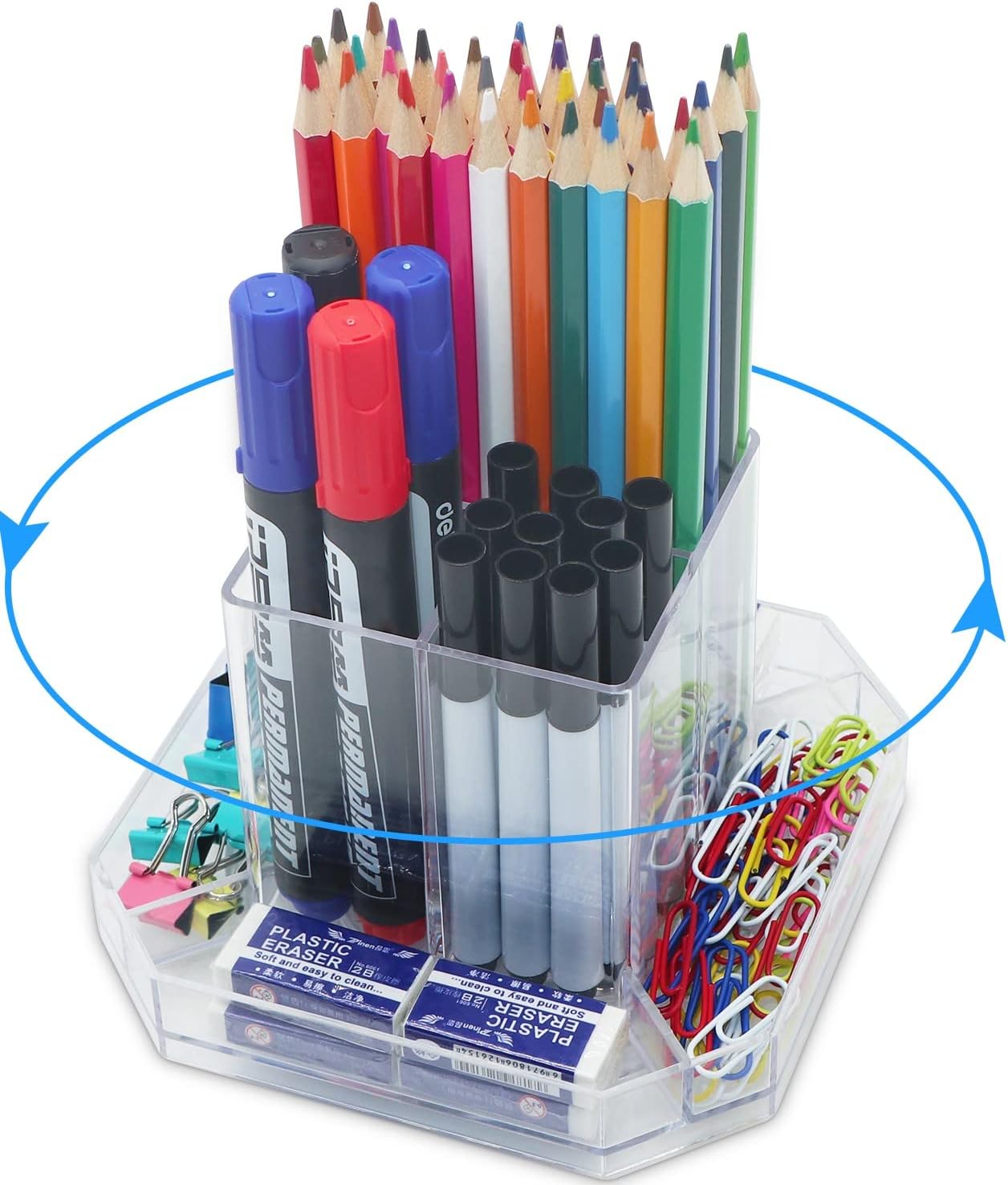 POLMART Acrylic Pen Holder, Rotating Desk Tidy Organiser with 7 Compartments Clear Desktop