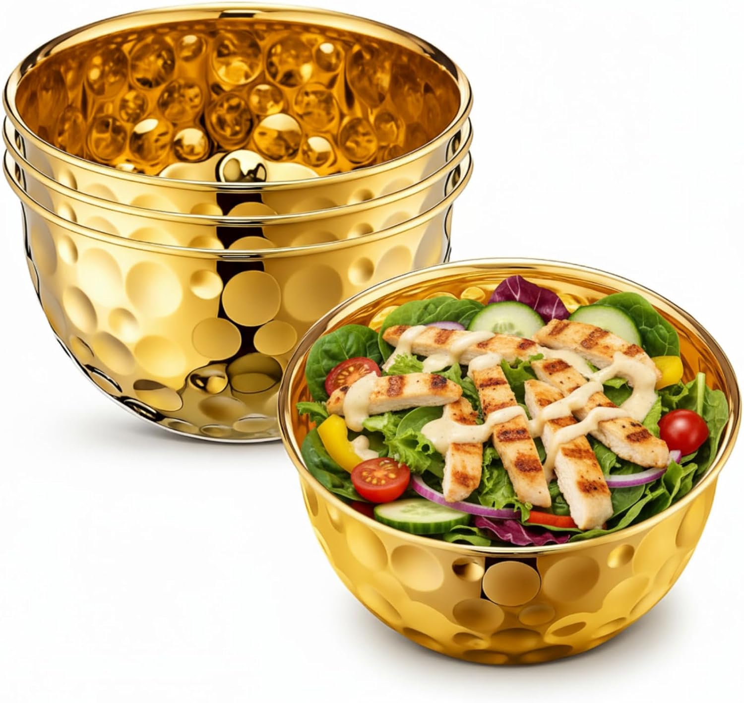 3 Pack Gold Hammered Bowls 6.8 Inch Stainless Steel Salad Mixing Bowls Metal Dish for Kitchen Cooking Fruit Soup Snacks Cereal Dessert Party Decorative