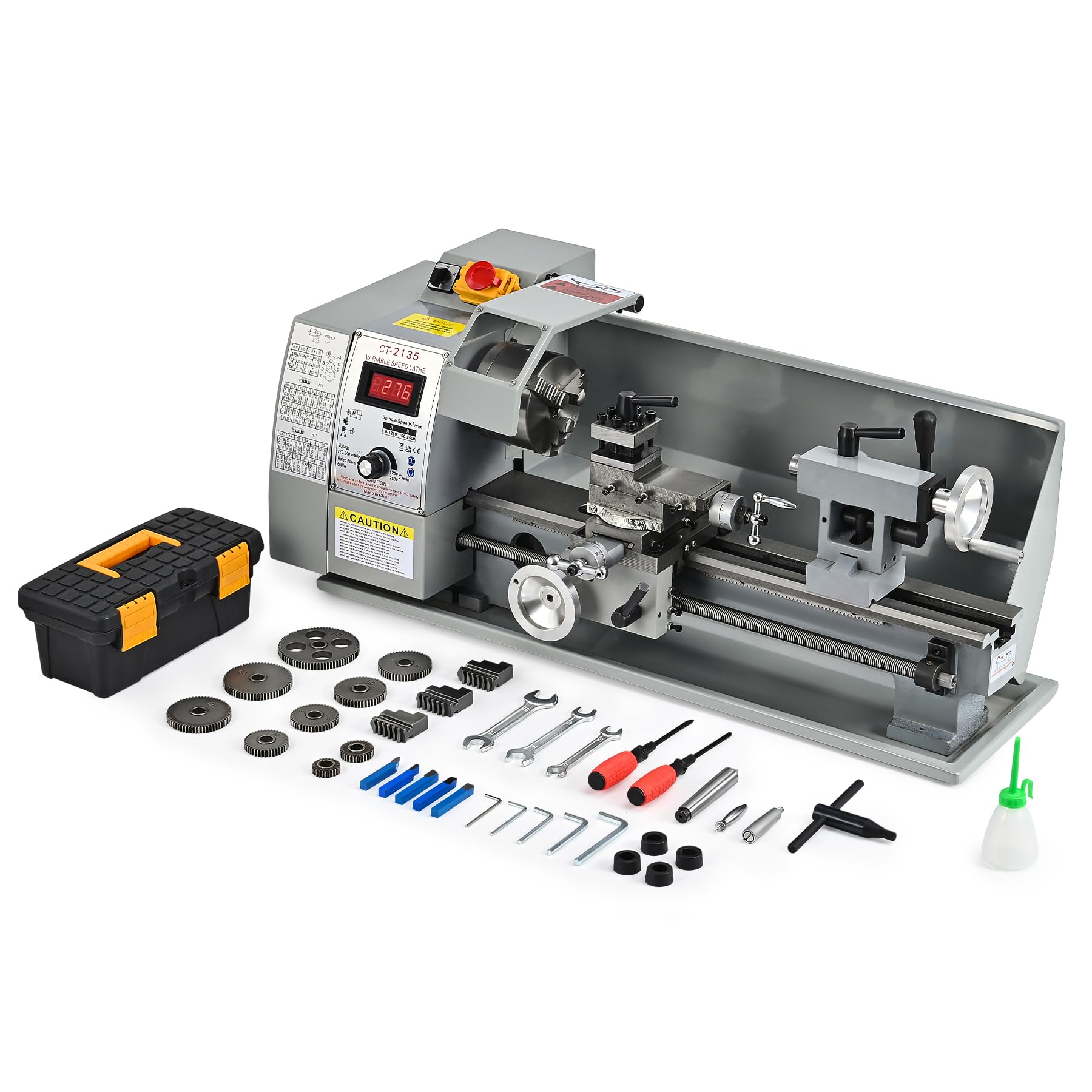 CREWORKS 600W Mini Tour à Métaux d'Établi 21x35 CM avec Mandrin à 3 Mâchoires Vitesse de Broche Max. 2250 tr/min Réglage Progressif pour Filetage Tournage Filetage