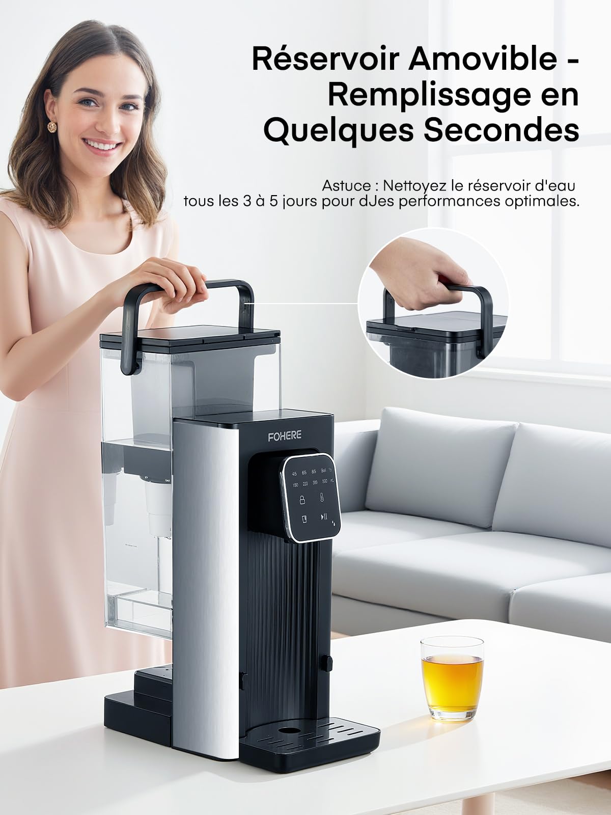 Distributeur d'eau Chaude, 2600 W, Eau Chaude en Quelques Secondes, 4 Niveaux de Température, 4 Quantités d'eau, Réservoir de 2,5 l, Compact et économe en énergie, écran tactile Numérique