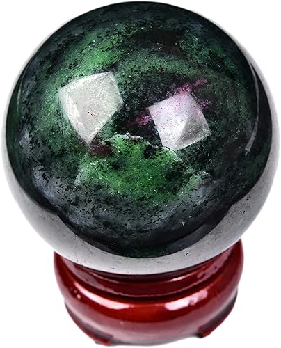 Miniatura 3 de JIC Gem Esferas de cristal de cuarzo natural de zoisita y rubí con soporte de madera, orbes decorativos de tesoro rojo y verde, esfera de cristal de