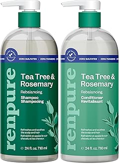 Renpure Tea Tree & Rosemary Shampoo and Conditioner Set, Plant Based - Refreshes & Rebalances Hair and Scalp - For Oily/Normal Hair - Tea Tree Leaf Oil, Rosemary Leaf Extract - 24 Fl Oz each, 2 Pack