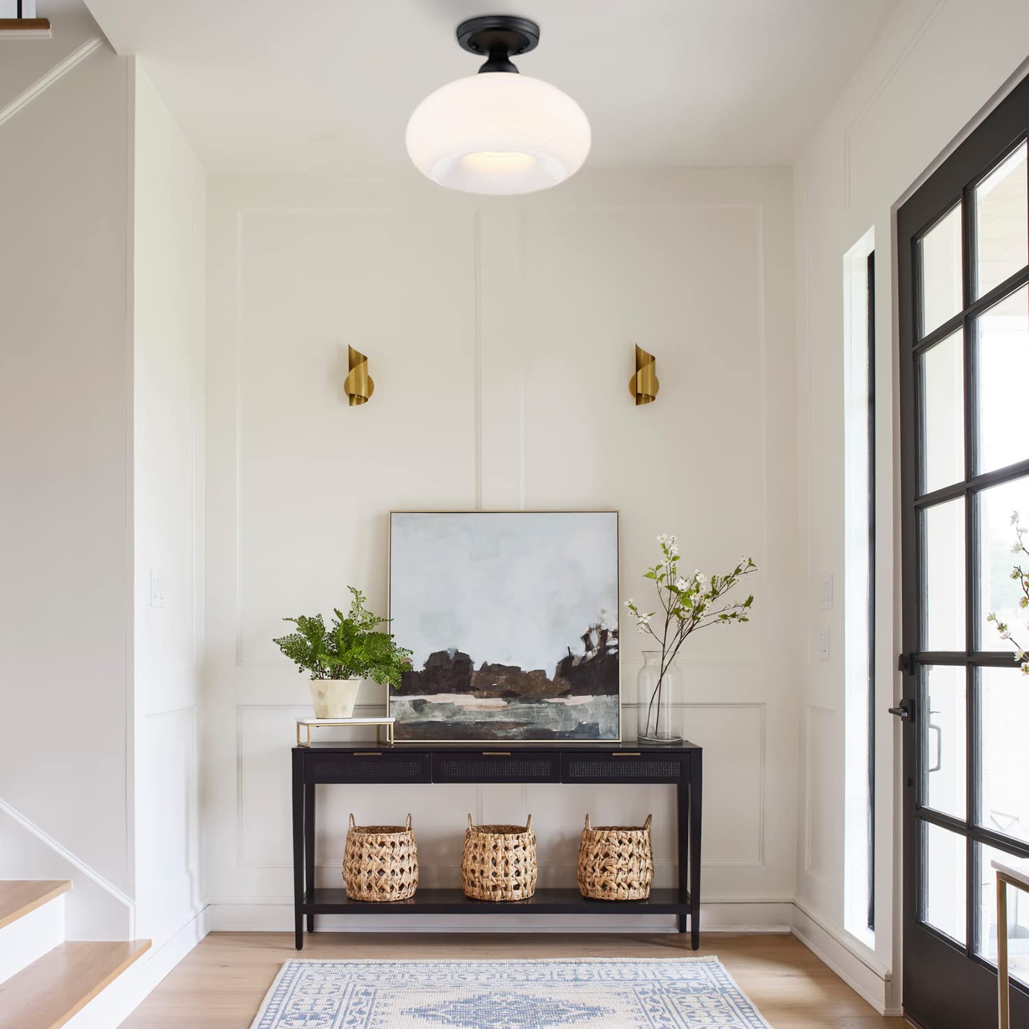 Pia Ricco Semi Flush Mount Ceiling Light with Opal Glass Shade, Mid Century Matte Black Ceiling Light Fixture, Modern Hallway Light Fixtures for Entryway Kitchen Bathroom Laundry Bedroom