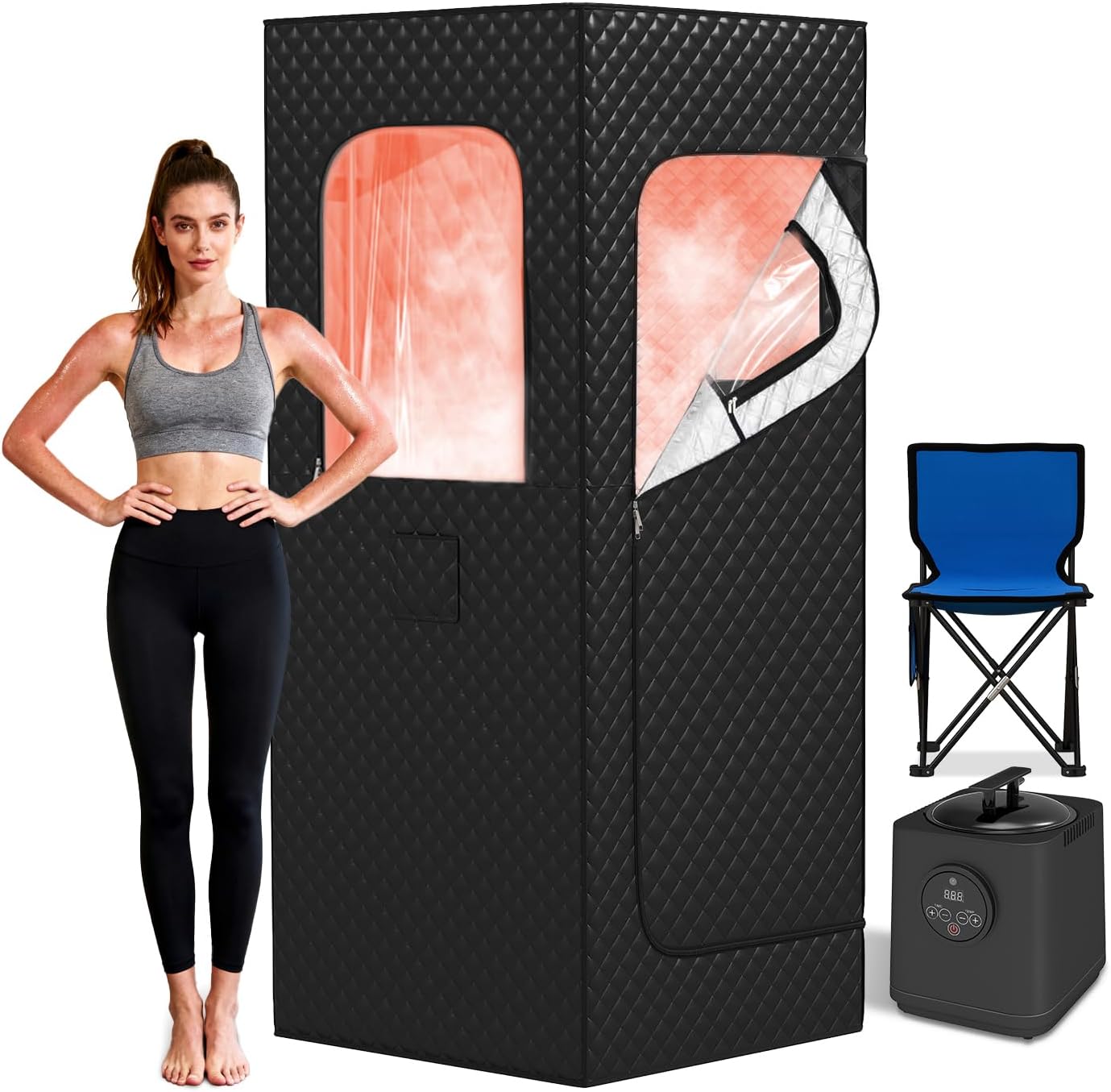 Portable Steam Sauna Box for Home, Sauna Tent with 3L Steam Generator, Remote Control, 15 Temperature Levels, 66 Minute Timer, Indoor Sauna with Foldable Chair for Home Spa, Black