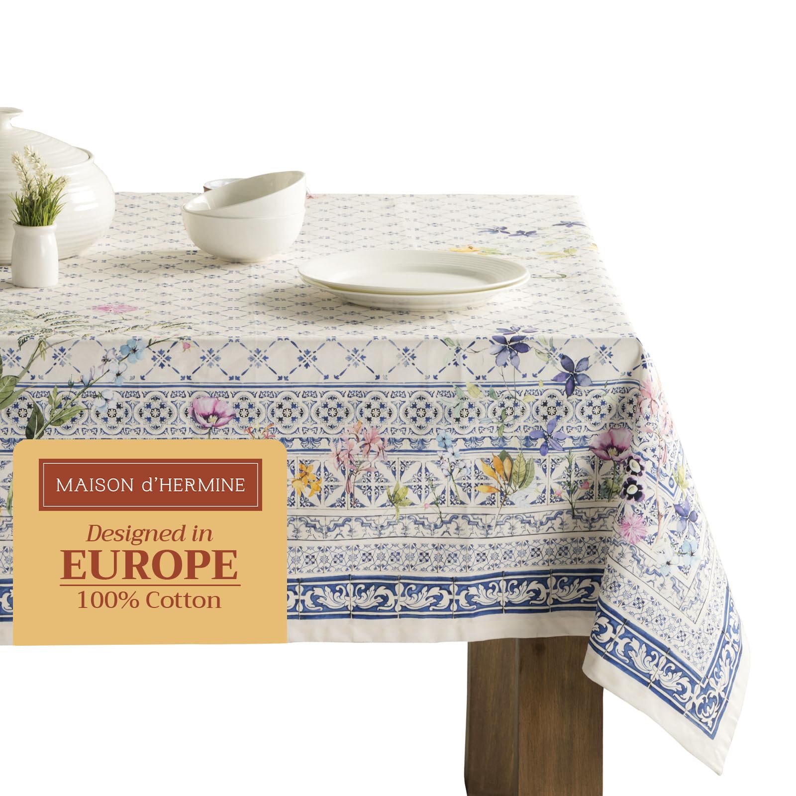 Maison d'Hermine 100% Cotton Square Tablecloth - 160cm x 220cm, Washable Decorative Easter Tablecloth for Dining, Buffet, Parties and Camping - Faience - Spring/Summer — image 1