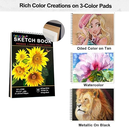 Miniatura 4 de CwhaleCblu Paquete de 82 suministros de arte de dibujo, kit de bocetos con libro de bocetos de 3 colores, grafito, carbón, acuarela y lápiz