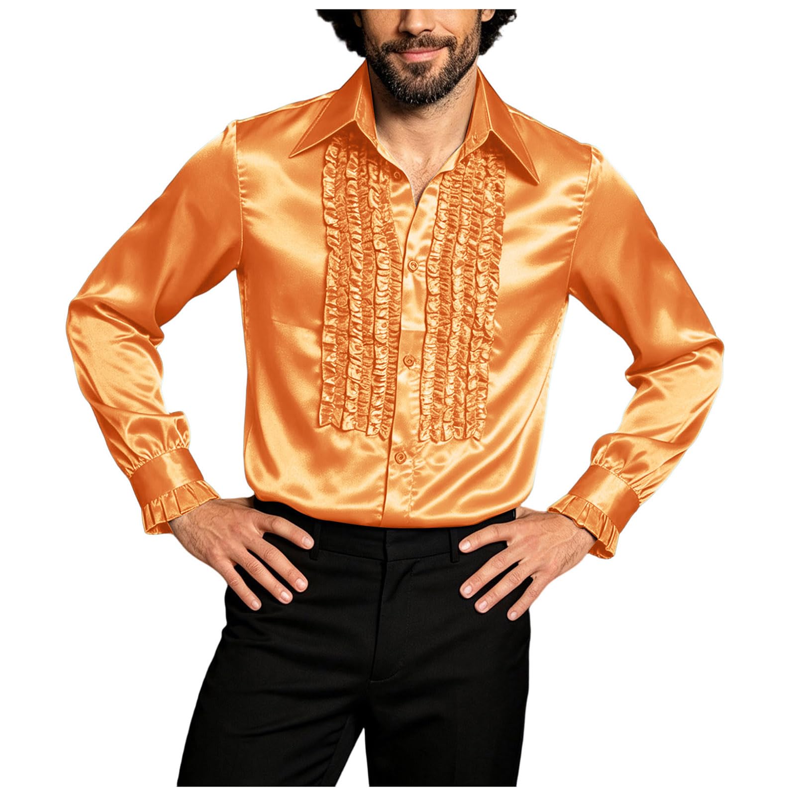 Men's Ruffled Satin Shirt 70s Disco Costume Long Sleeve Frilly Collar Performance Top for Party & Stage, Glamorous Shine Fabric with Button Front, for Halloween, Carnival & Themed Events, Stretchy Fit