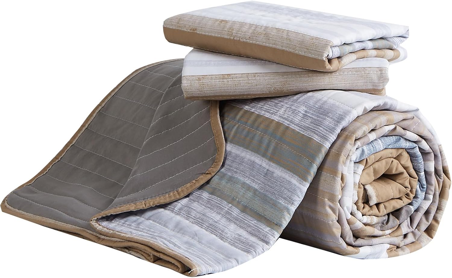 KAKIJUMN Full/Queen Quilt Bedding Set, White Grey and Khaki Patchwork Striped Quilt Set, 2 Pieces Soft Lightweight Bedspread Coverlet Set with 1 Pillow Sham(Khaki,Queen)