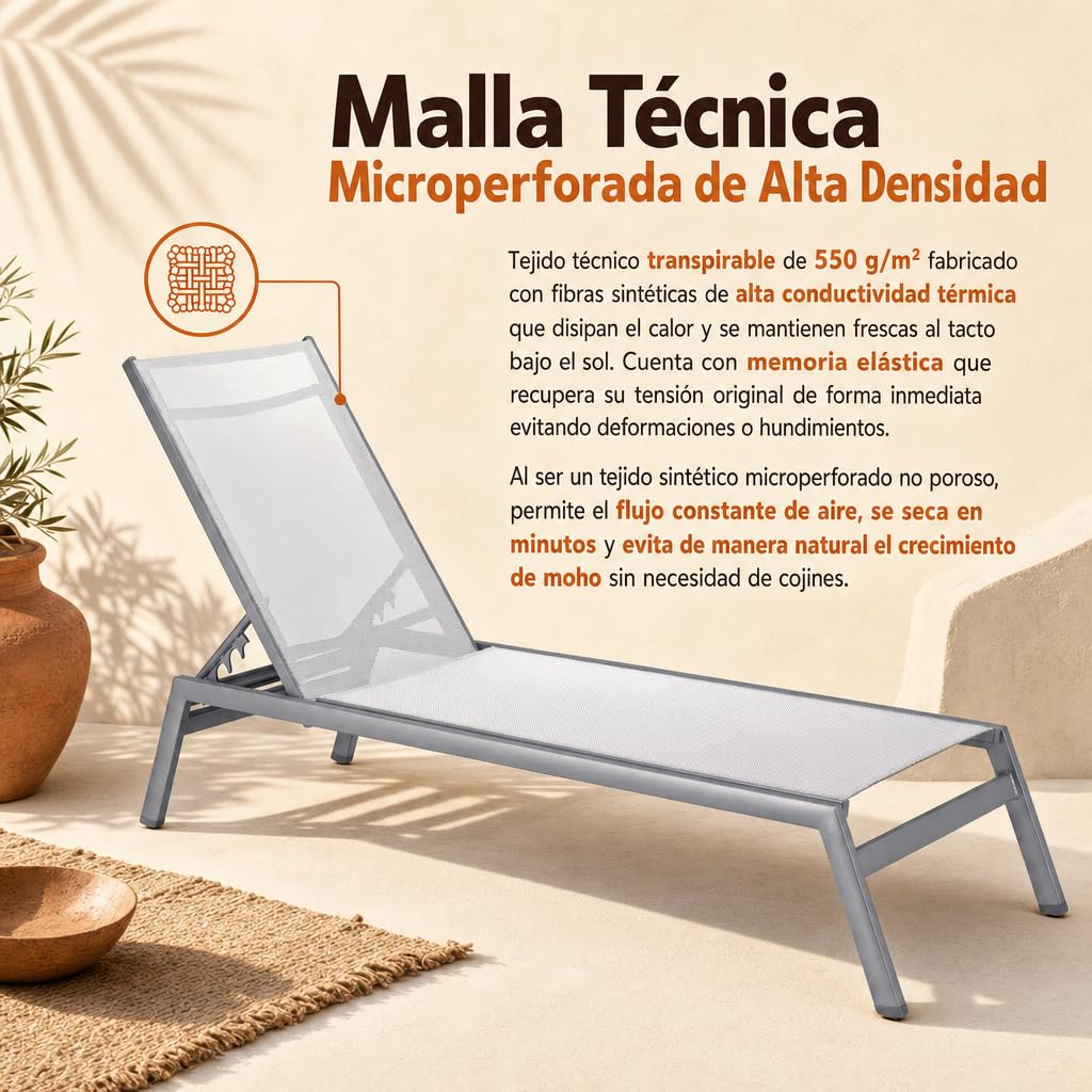 Pack 2 Unidades — Tumbona de jardín reclinable de Aluminio para Descansar y Tomar el Sol en Exteriores Blanco