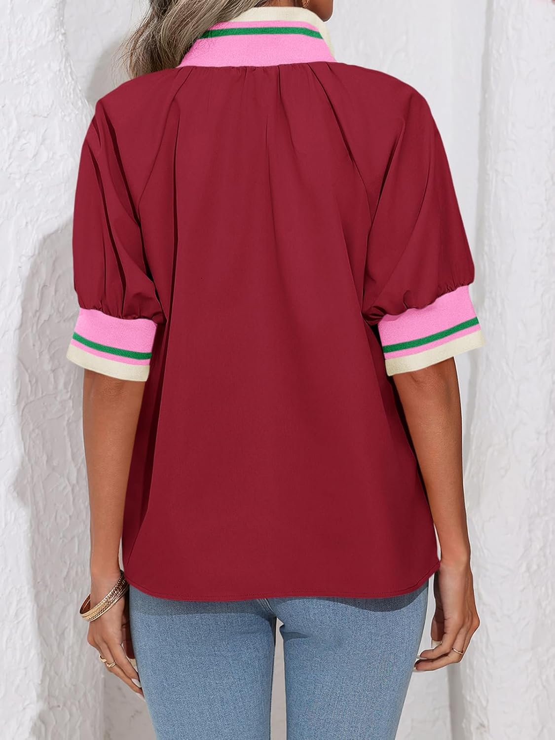 Tankaneo Womens Puff Sleeve Tops Blouse Color Block Half Zip V Neck Pullover Trendy Summer Casual Loose Fit Shirts - Image 5