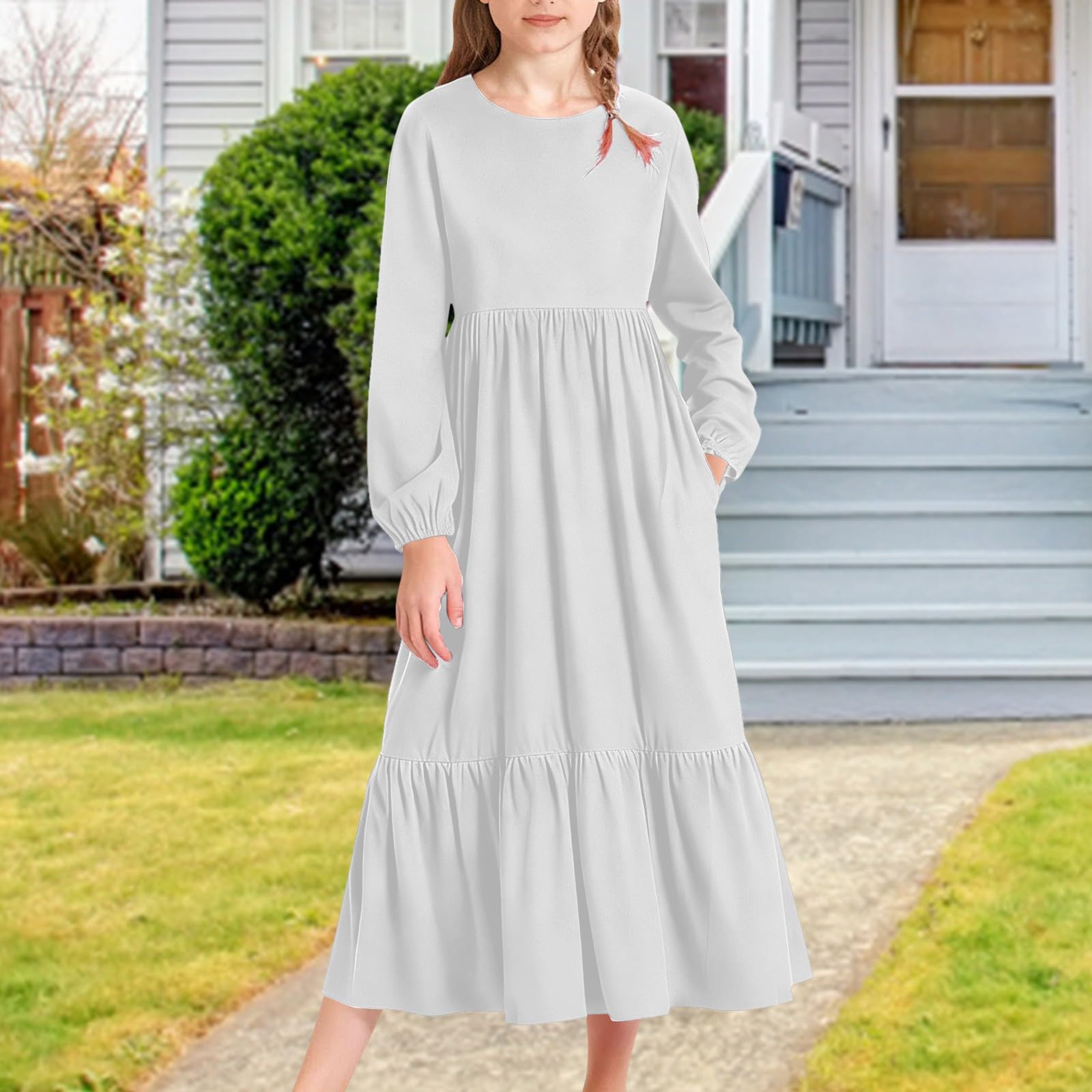 Vestito da ragazza a maniche lunghe casual per vacanze fluide maxi abito a strati con tasche per bambini scollo rotondo morbido comfort spiaggia abiti boho