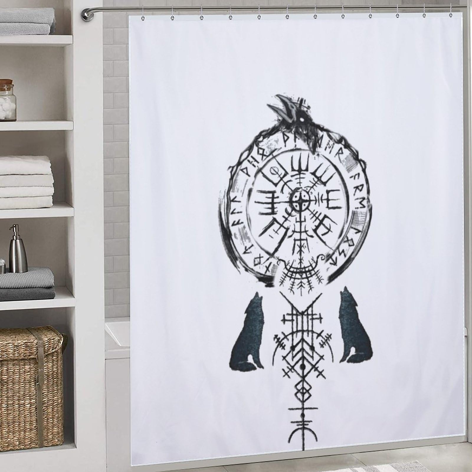 Viking Myth Shower Curtain Print Waterproof Bathing Curtain Durable Polyester Bathroom Decoration Accessories Comes with 12pcs Shower Curtain Rings 72x72Inch (183x183cm)