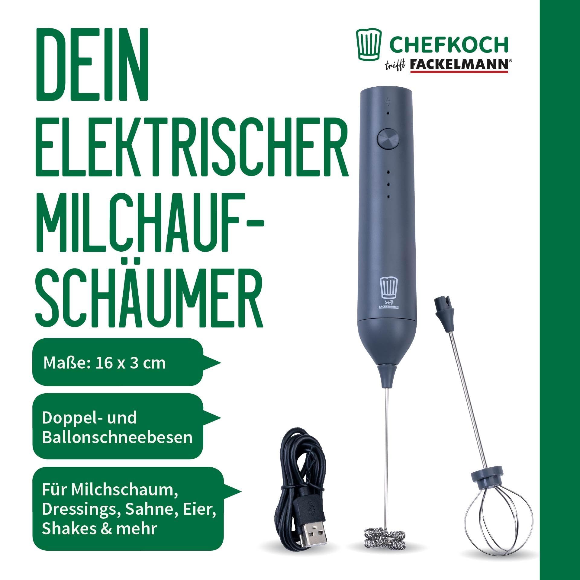 Chefkoch incontra Fackelmann - Montalatte elettrico con 2 fruste, ricaricabile USB-C, 3 velocità, grigio scuro