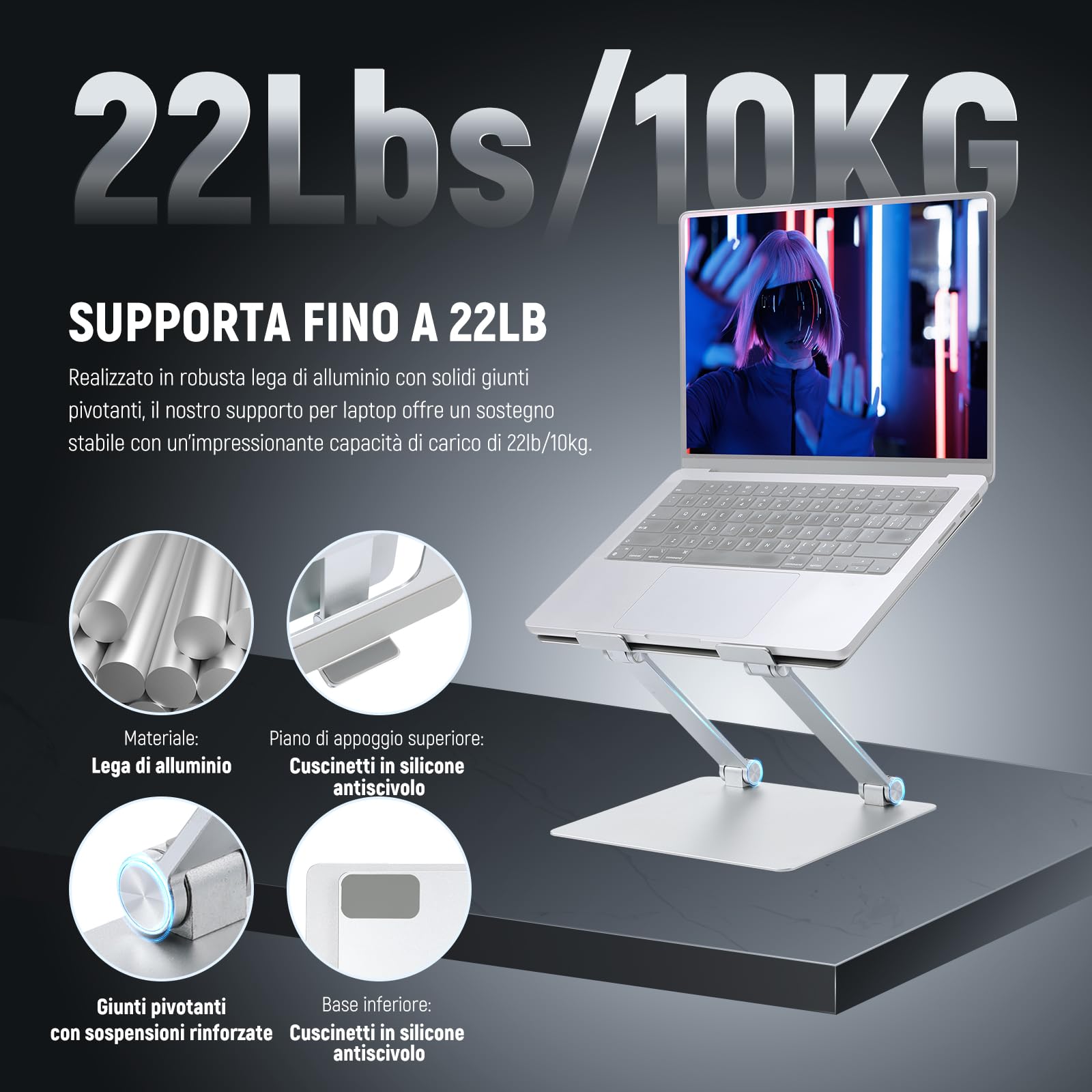 Fong Supporto ergonomico per laptop per scrivania, altezza regolabile fino a 20