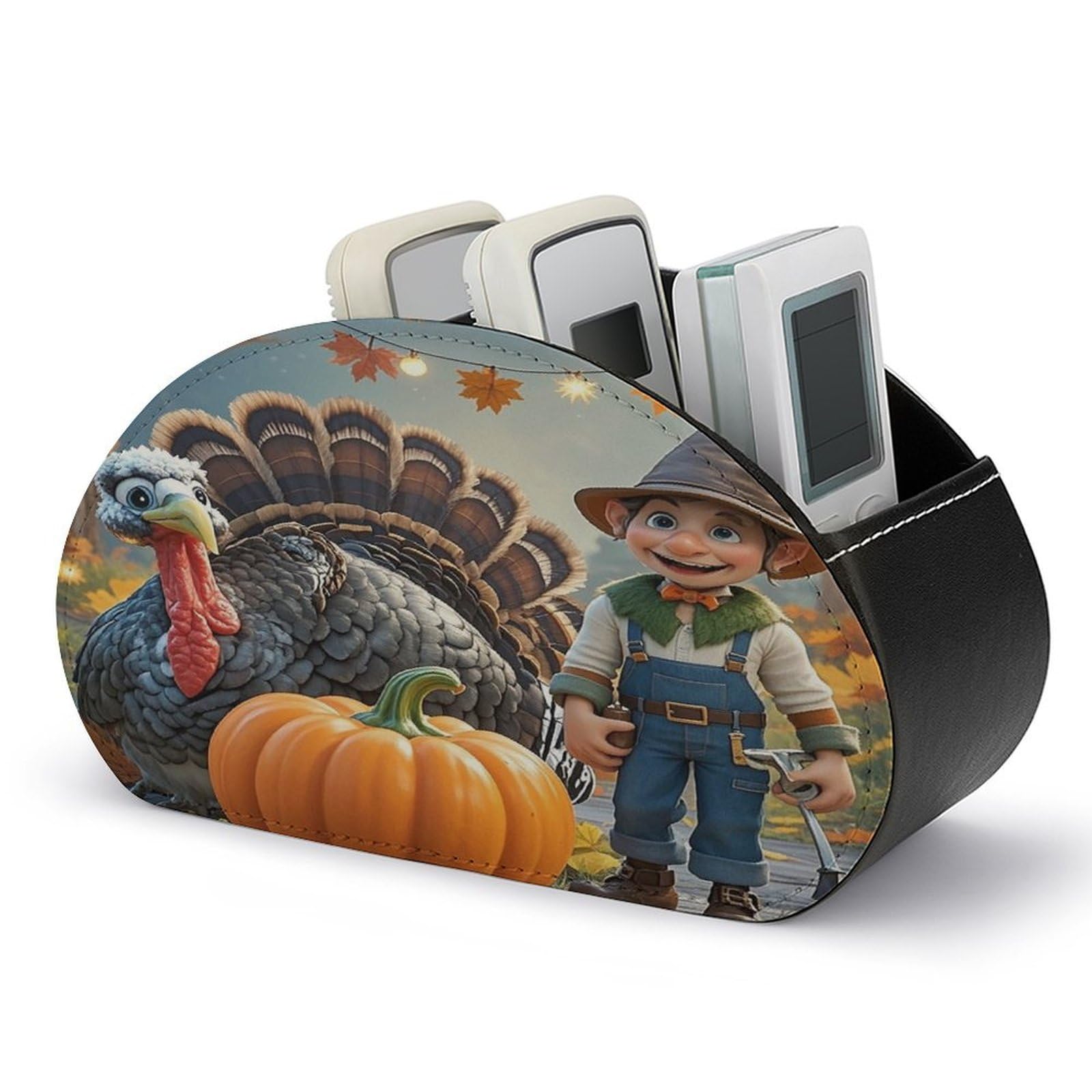 LZQPOEAS Turkeys And Dwarfs Remote Control Holder with 5 Compartments PU Leather Remote Organizer Box Caddy for Table Nightstand Remote Caddy Desktop Organizer Fits Media Controllers