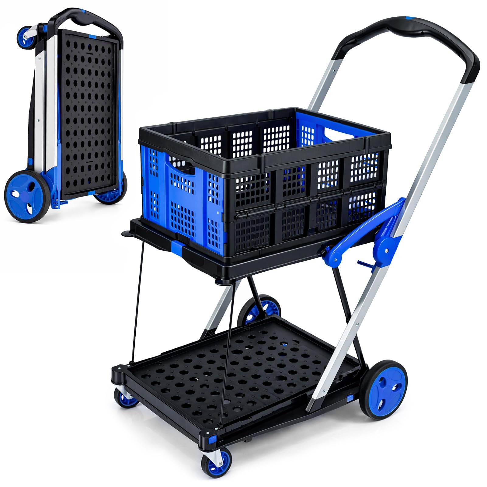 Folding Shopping Trolley with Collapsible Crate & 2-Tier Platform, Wheeled Utility Cart Hand Truck, 360° Rolling Swivel Wheels, Heavy Duty Grocery Cart for Supermarket, Home, Garden, Camping