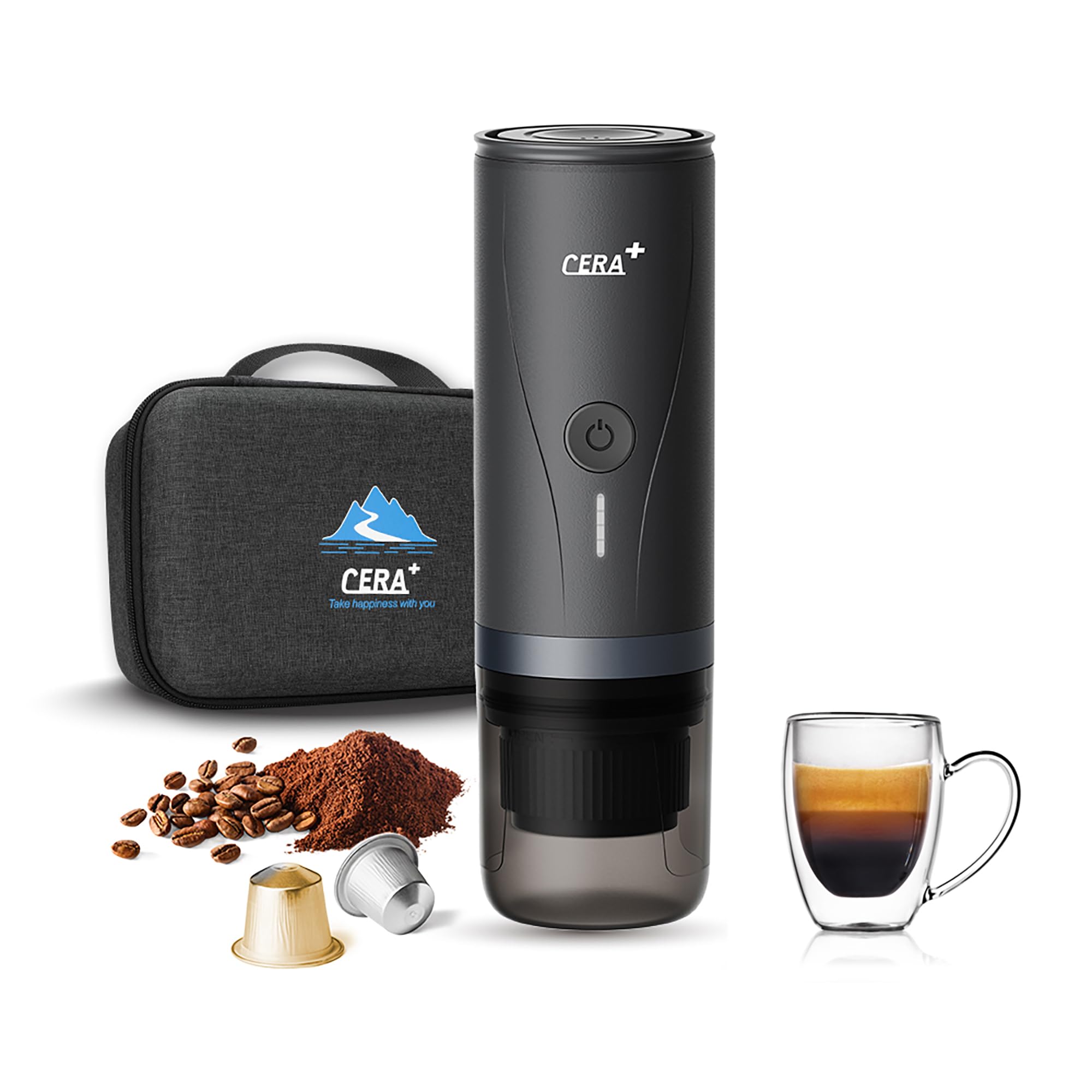 CERA+ Cafetera Portátil con Batería, Cafetera Espresso Portátil de 20 Bares Autocalentable, Compatible con Cápsulas NS y Café Molido, Cafetera de Viaje para Camping y Coche, con Estuchehe