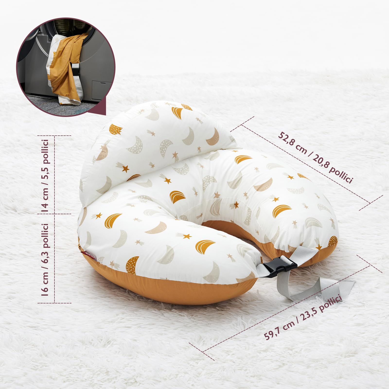 momcozy Cuscino per allattamento con bordo di sicurezza – Cuscino ergonomico per allattamento e stoccaggio con cinghia regolabile e fodera in cotone rimovibile, pioggia di meteoriti