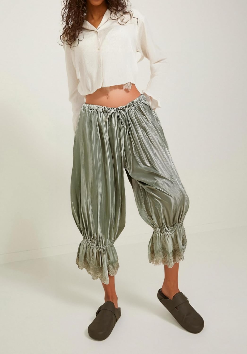 NUFIWI Women Ruffle Long Bloomer Y2k Lace Trim Pettipants Pantaloons Mid Rise Cropped Pajama Pants Under Dress Slips - Image 4