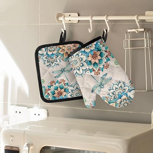 Miniatura 9 de UNICEU Juego de 4 guantes de horno y agarraderas de mariposa azul caliente resistentes al calor para cocina, juego de regalo con agarre texturizado