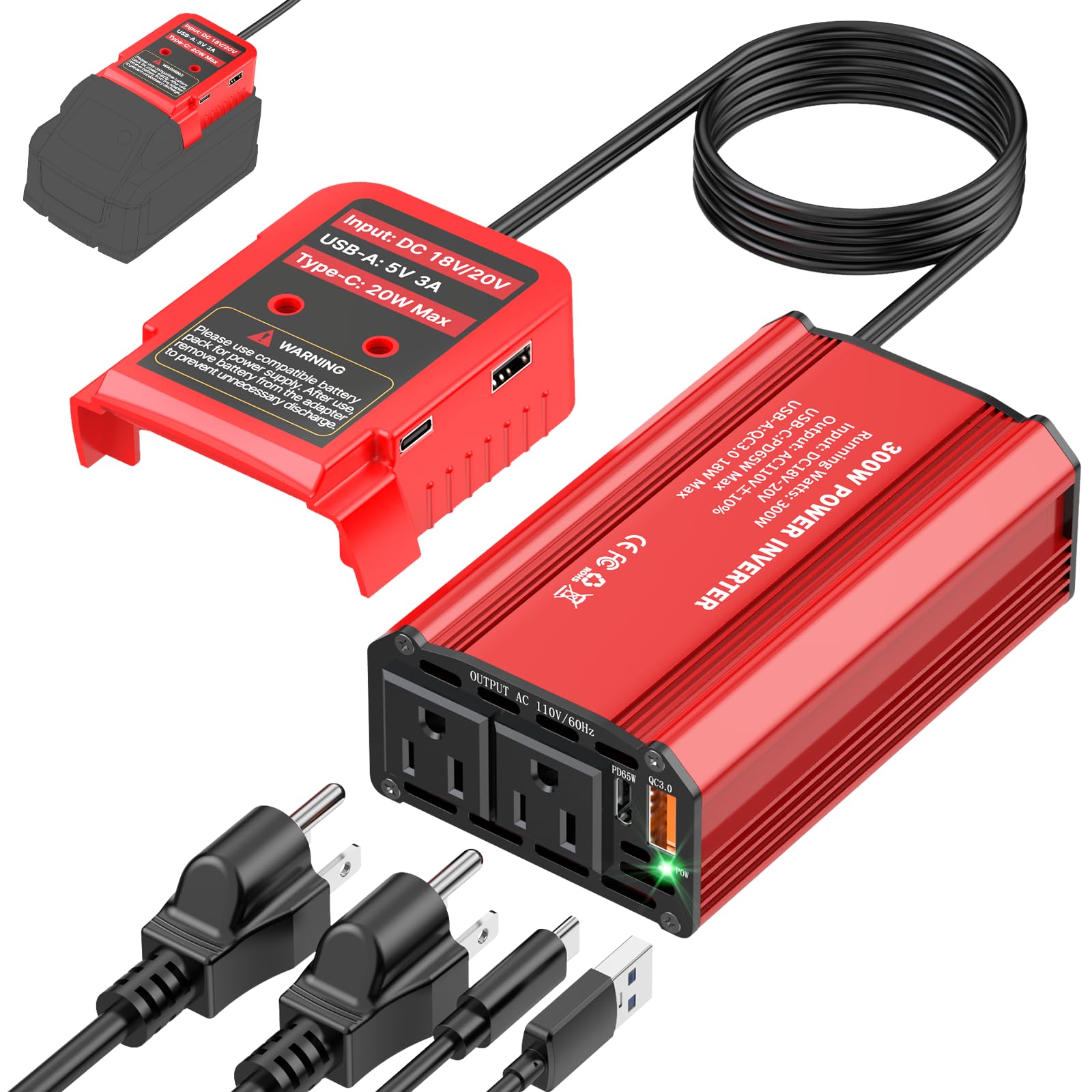 Inversor de corriente de 300 W compatible con batería Milwaukee M18, convertidor de batería de CC 18 V a CA 110 V, estación de energía portátil con carga rápida PD de 65 W tipo C y 2 salidas