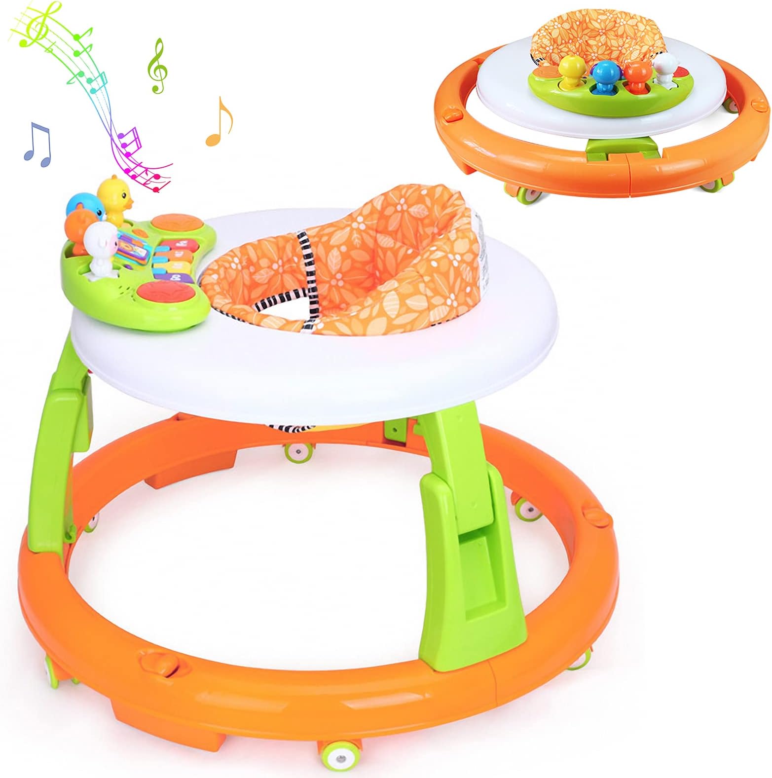 EastSun Baby Walker for Boys and Girls Toddler, Mute Anti Rollover Walkers for Babies from 6+ Months, Round Baby Walker with Wheels Foldable Baby Chair with Activity Table