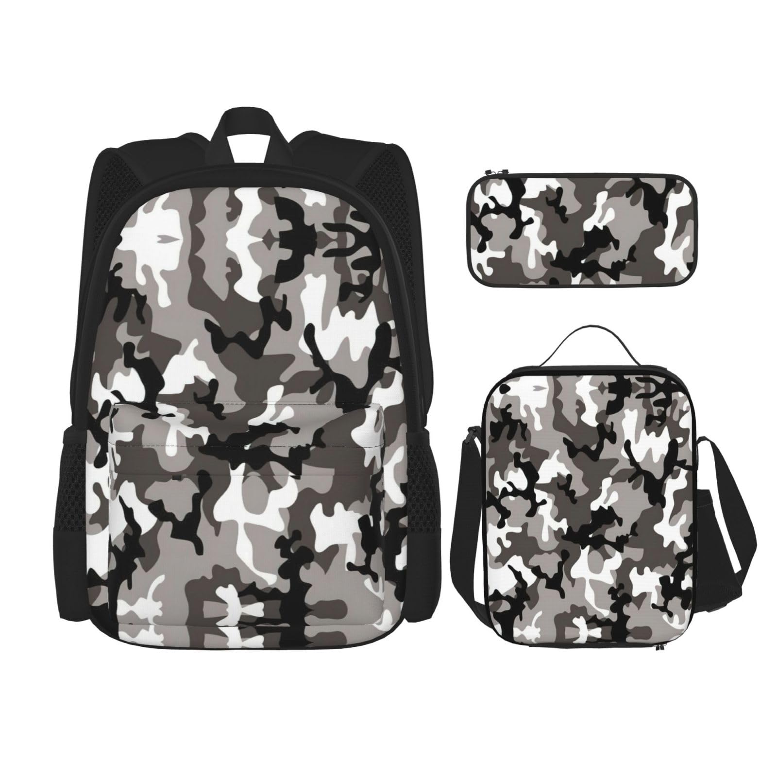 Zestaw plecaków szkolnych z nadrukiem Ack Grey White Camo, o dużej pojemności, wodoodporny plecak na laptopa z izolowaną torbą na lunch i piórnikiem dla nastolatków gimnazjalnych i przyborów