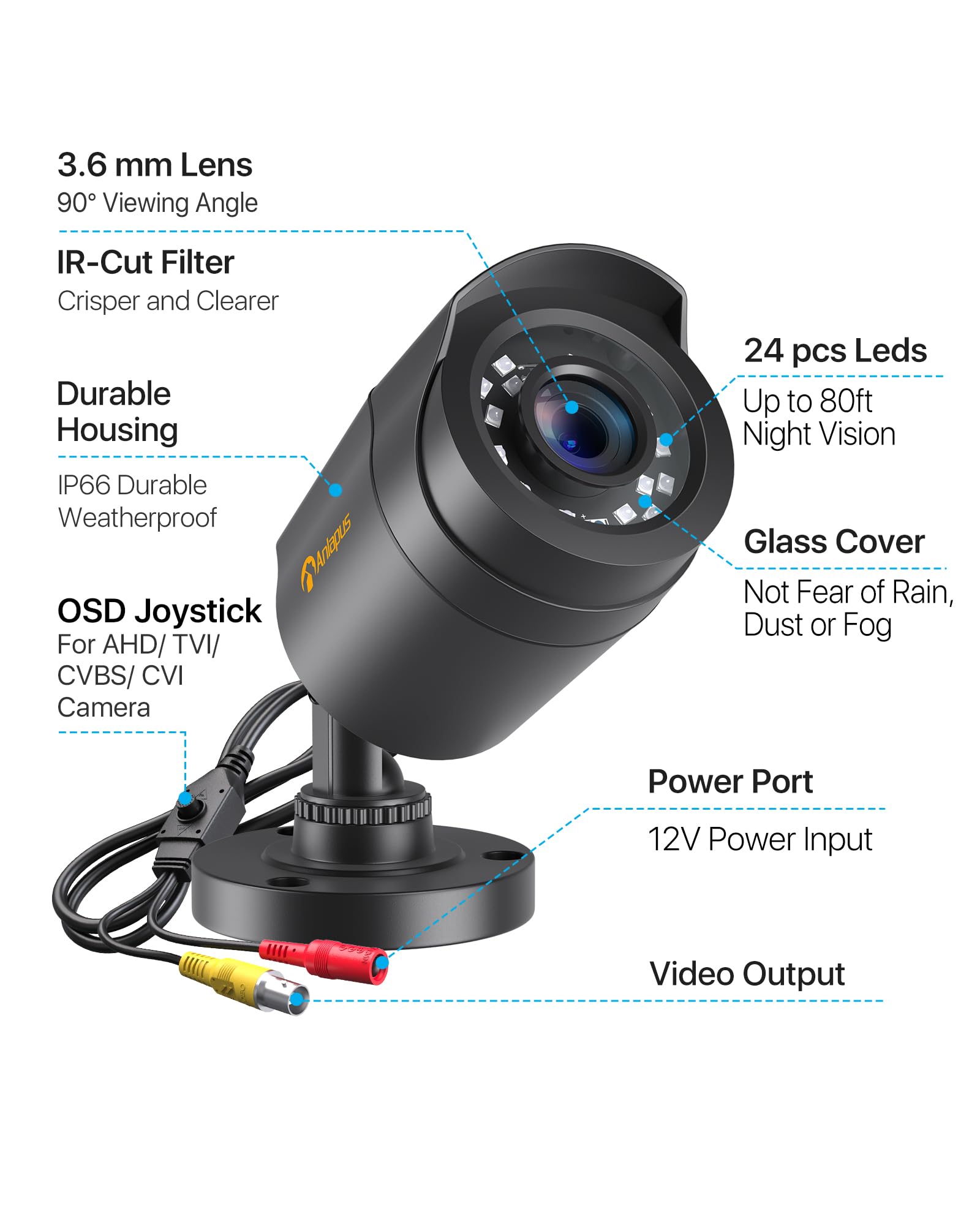 Anlapus 1080P Telecamera Analogica di Sorveglianza per Esterni, 2MP Videocamera Cablata AHD/960H/CVI/TVI, Visione Notturna da 24 m, IP66 Resistente alle Intemperie | Visione notturna fino a 24m, IP66 impermeabile per esterni, compatibile con AHD/TVI/CVI/9