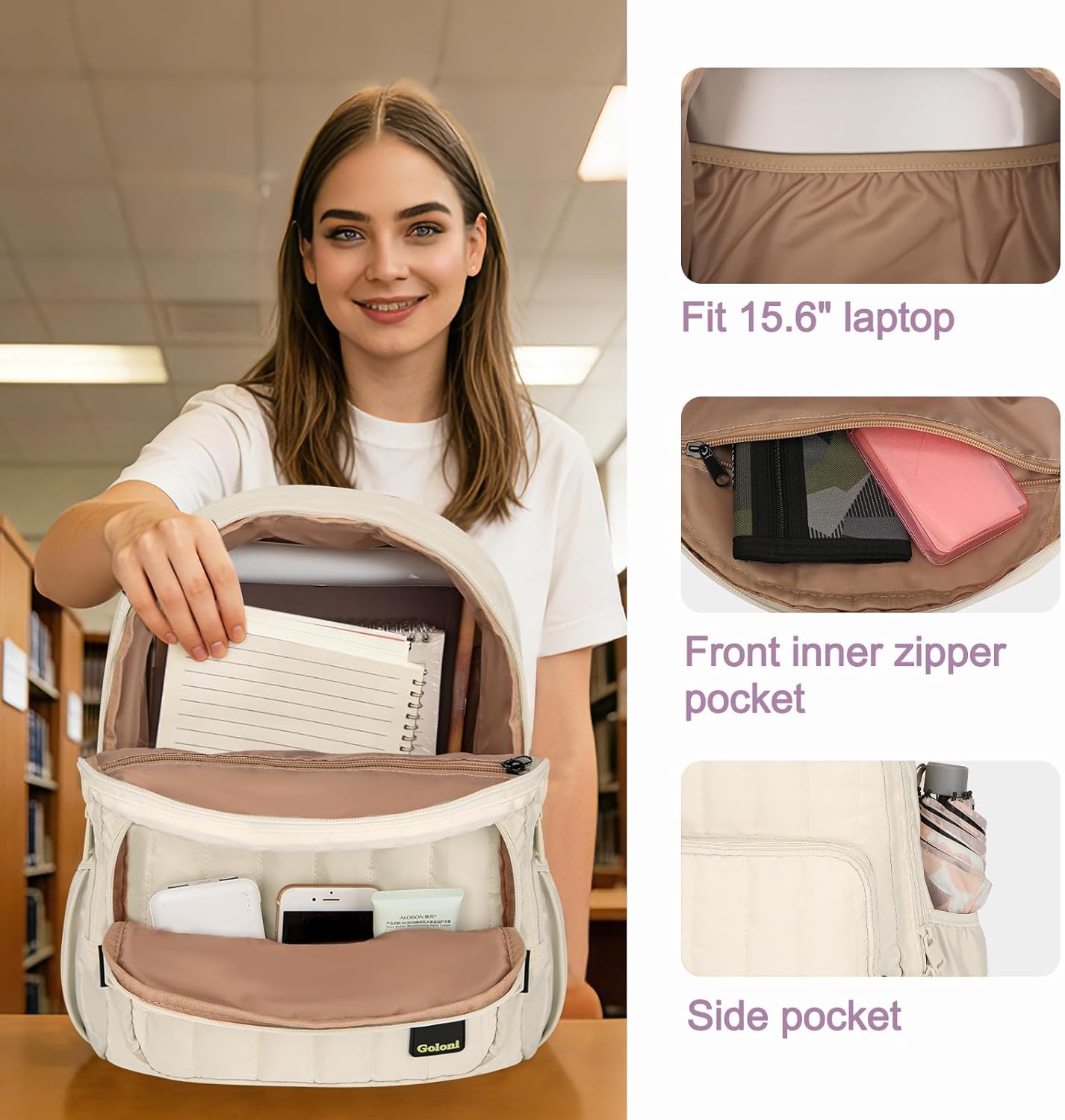 Goloni Puffer Laptop Backpack for Women, 15.6 Inch Water Resistant Backpack,Quilted Casual Daypack,Lightweight Travel Backpack,White