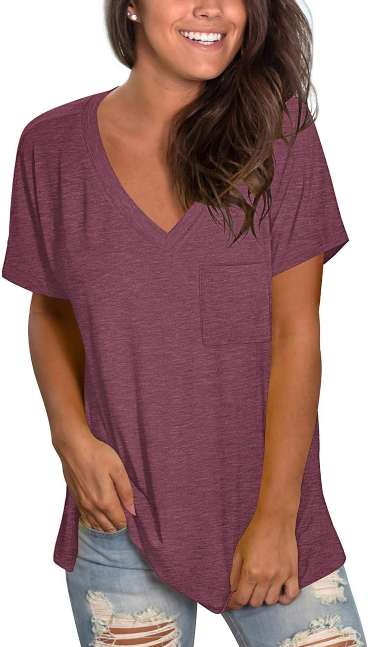 TODOLORWomens T Shirts Short Sleeve V Neck Loose Casual Summer Tees Basic Tunic Tops with Pocket