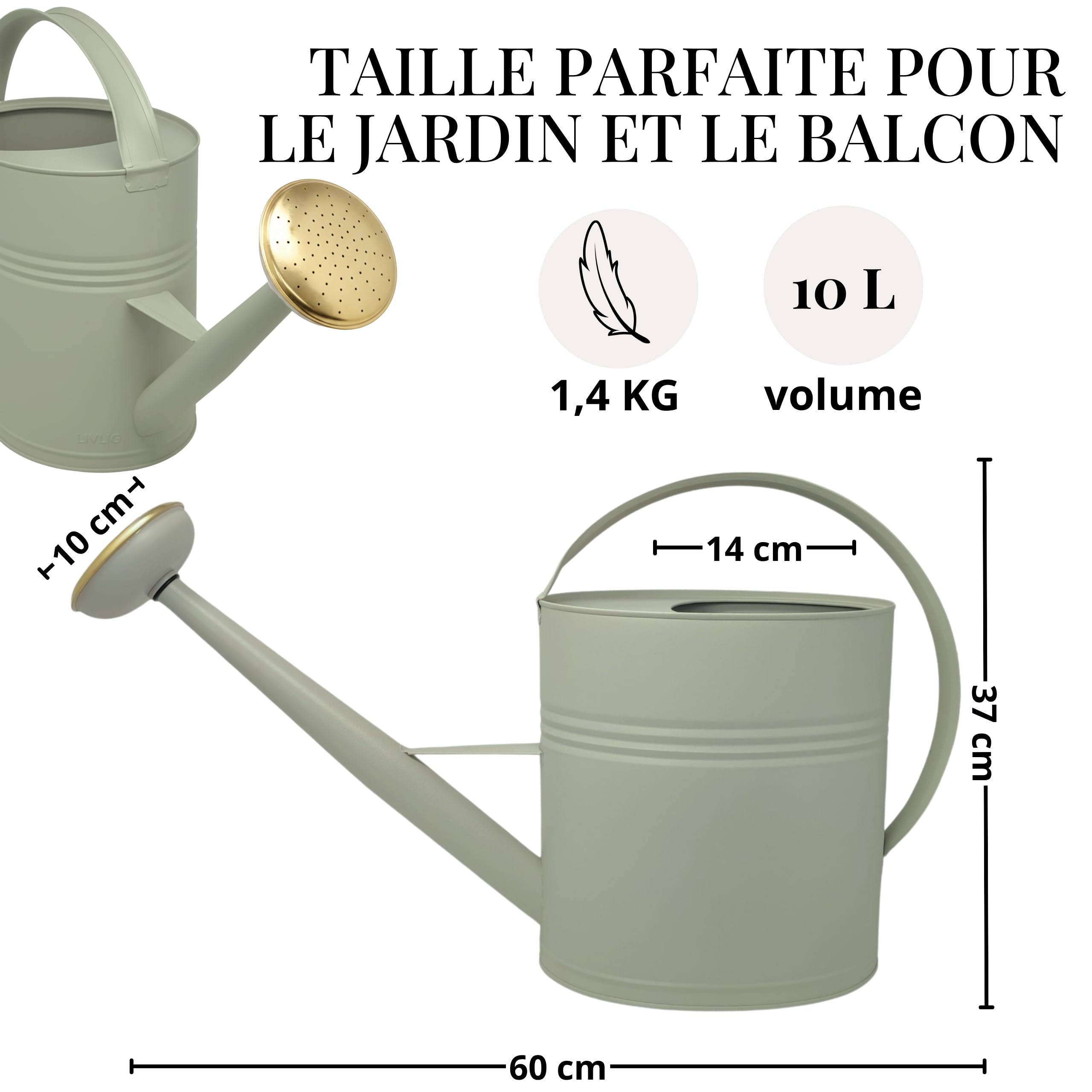 Arrosoir 10l, Arrosoir métal pour jardin & balcon, Arrosoir de haute qualité 10 litres en métal galvanisé, Arrosoir avec pomme amovible, Arrosoir rétro avec pomme en laiton, Arrosoir vert