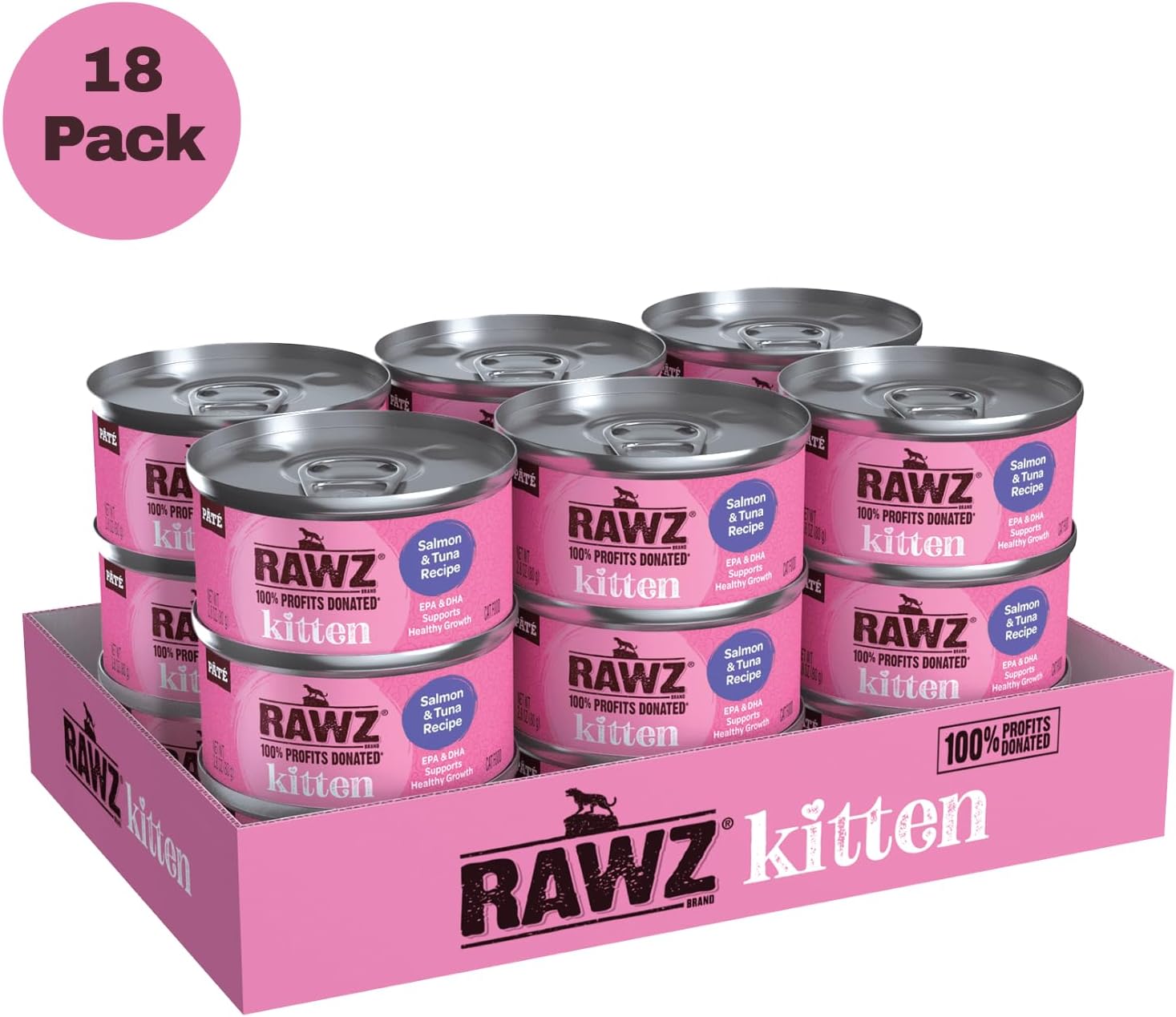 Rawz Natural Premium Pate Canned Kitten Wet Food - Made with Real Meat Ingredients No BPA or Gums -2.8 oz Cans (Case Pack of 18) (Salmon & Tuna)